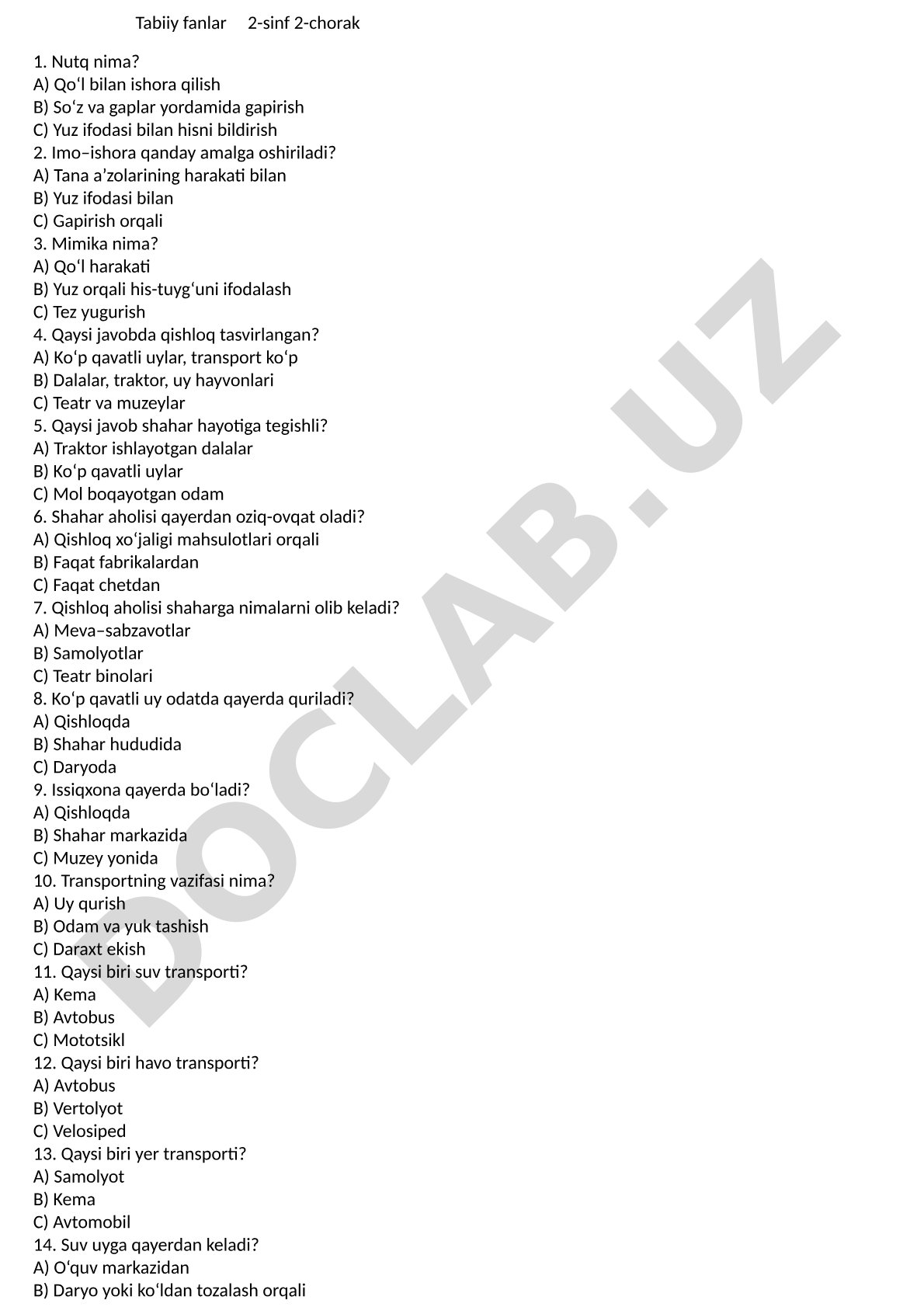 Tabiiy fanlar 2-sinf 2-chorak