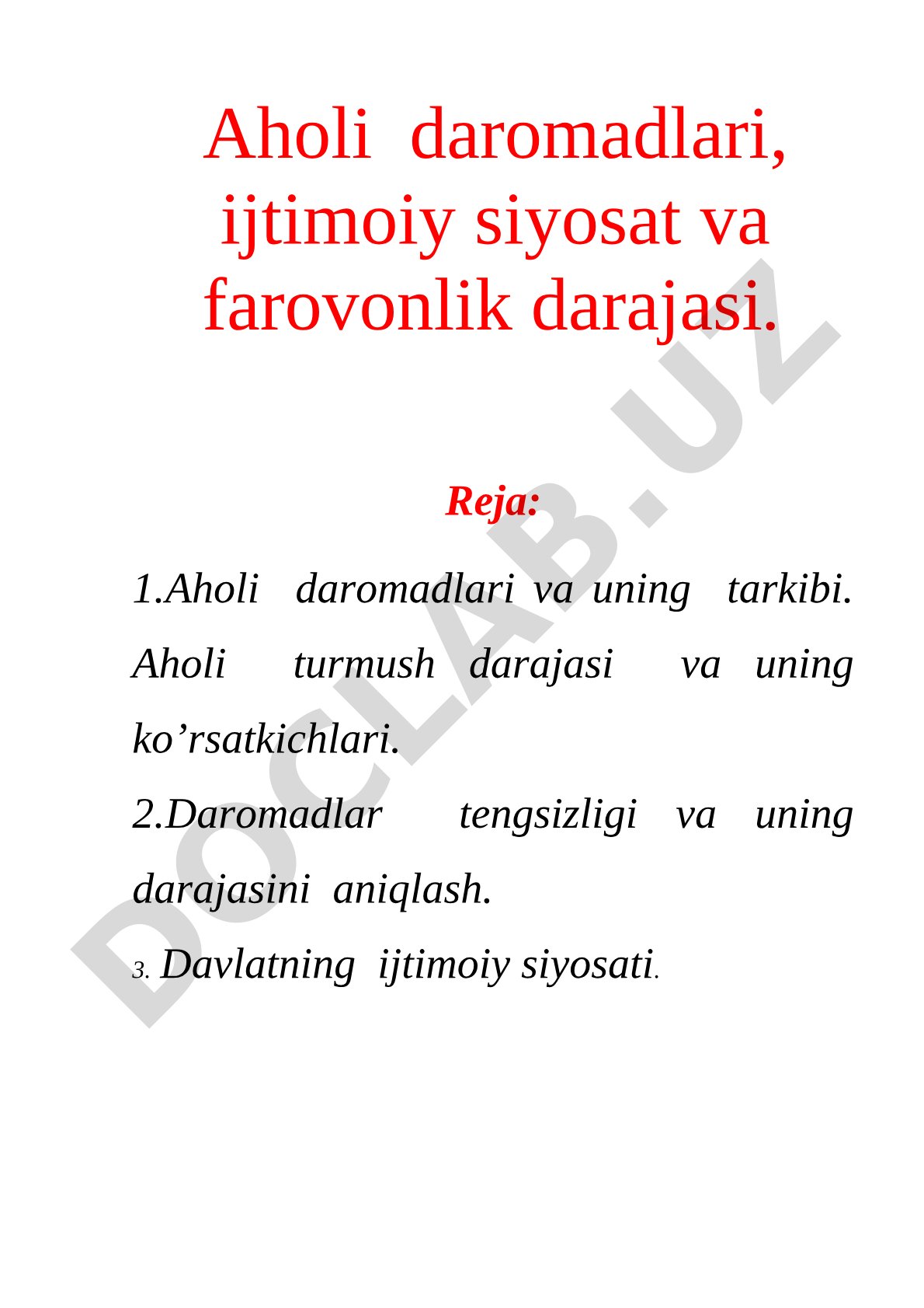 Aholi daromadlari, ijtimoiy siyosat va farovonlik darajasi
