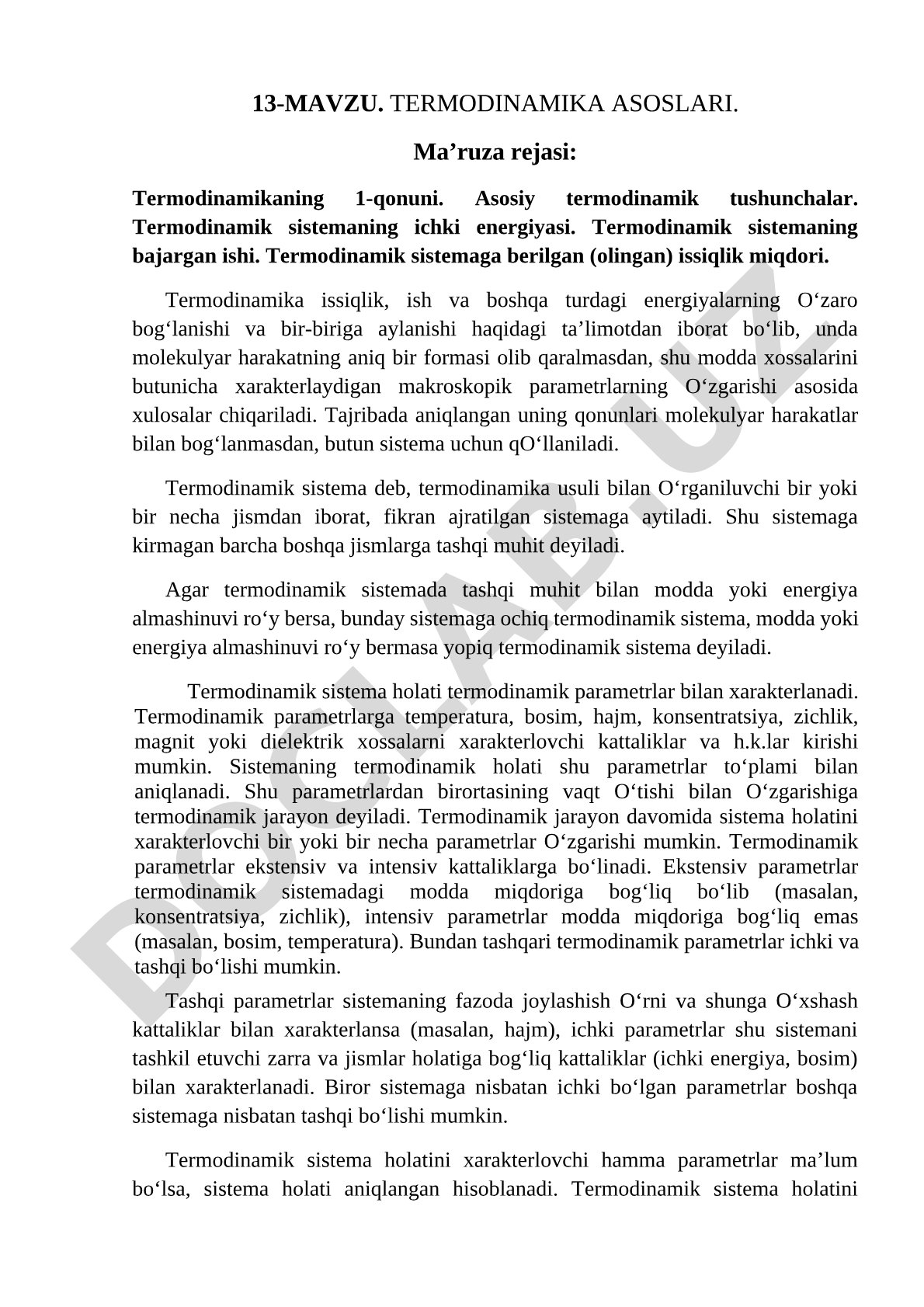 Termodinamika asoslari: 1-qonun, ichki energiya, ish, issiqlik miqdori