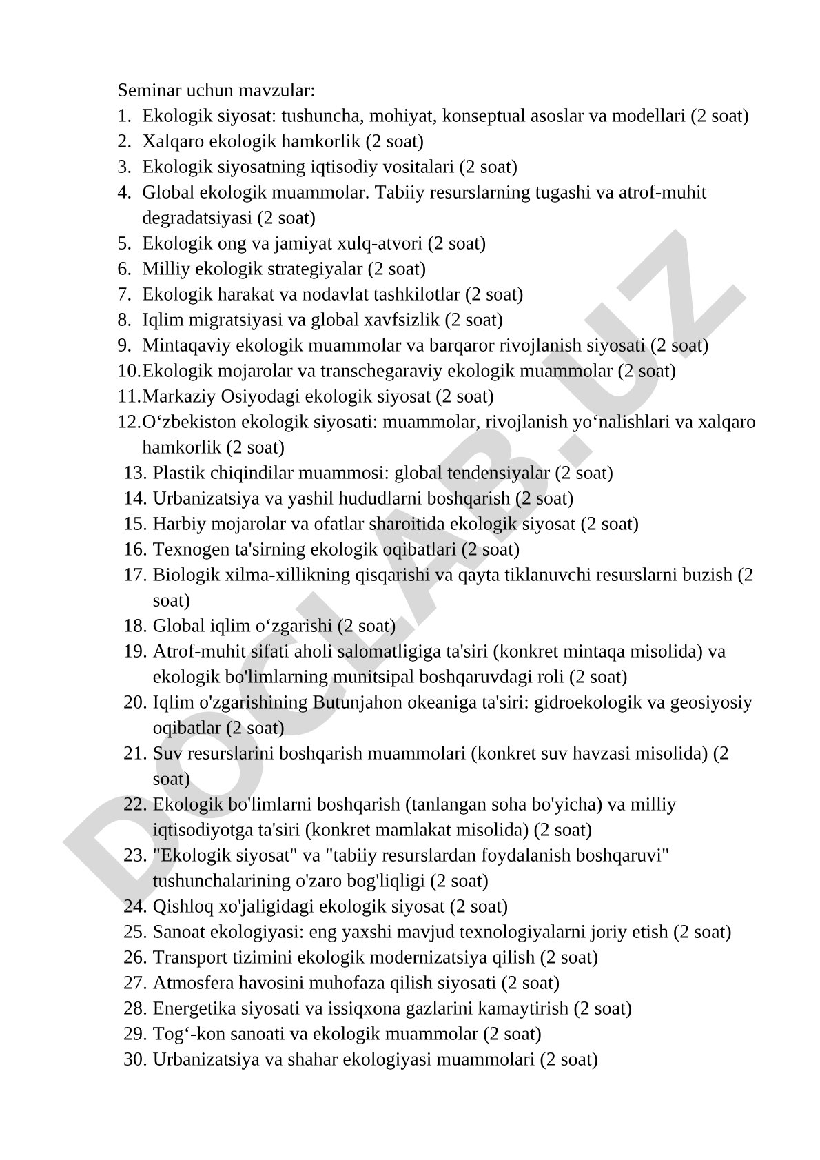 Ekologik siyosat seminar mavzulari