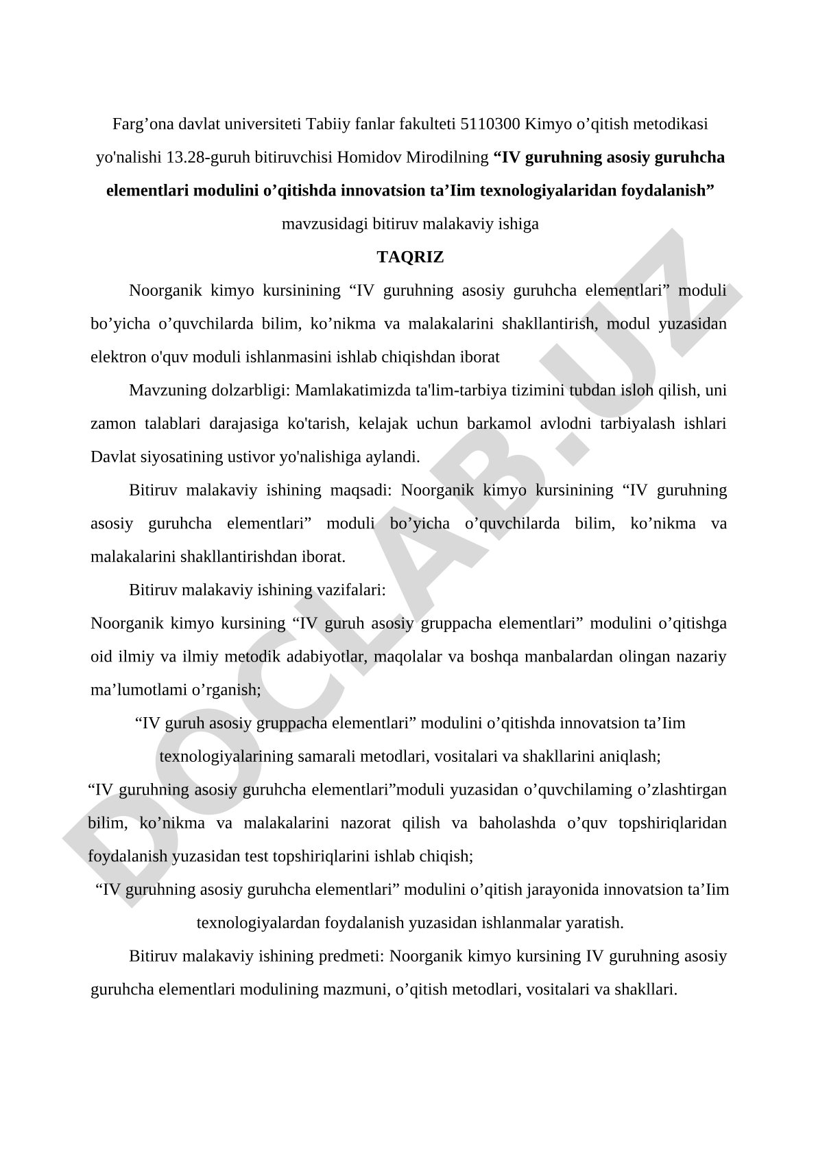 IV guruhning asosiy guruhcha elementlari modulini o’qitishda innovatsion ta’Iim texnologiyalaridan foydalanish