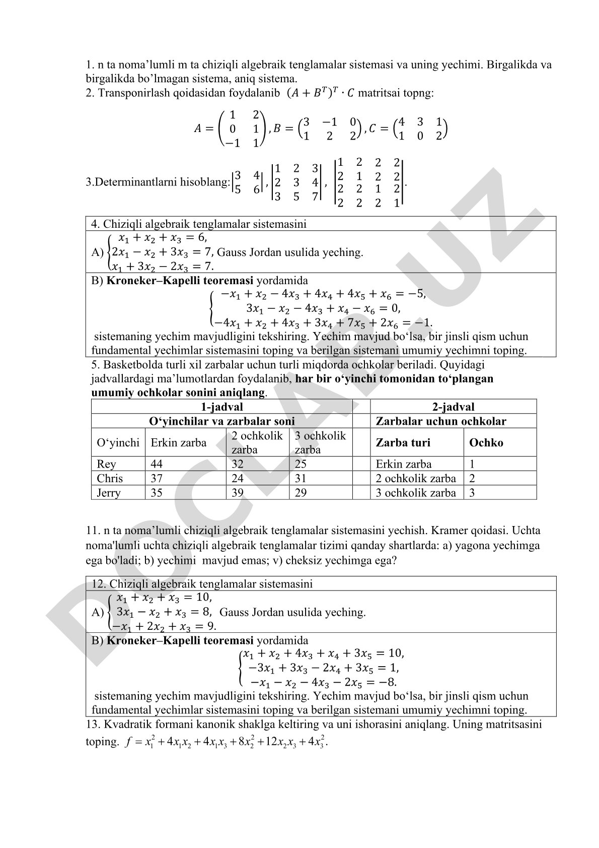 Chiziqli algebraik tenglamalar sistemasi, matritsalar va determinantlar