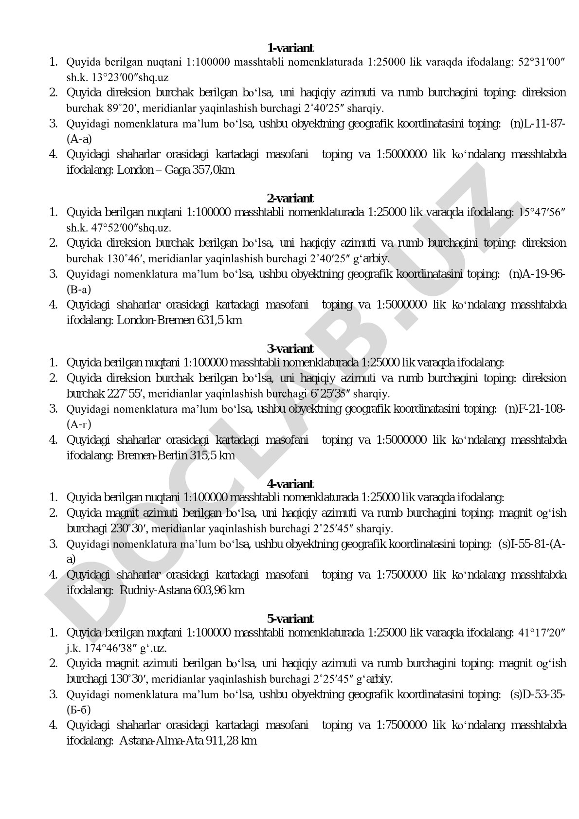 Topografik kartalarda nomenklatura, masshtab, azimut va masofani hisoblash masalalari