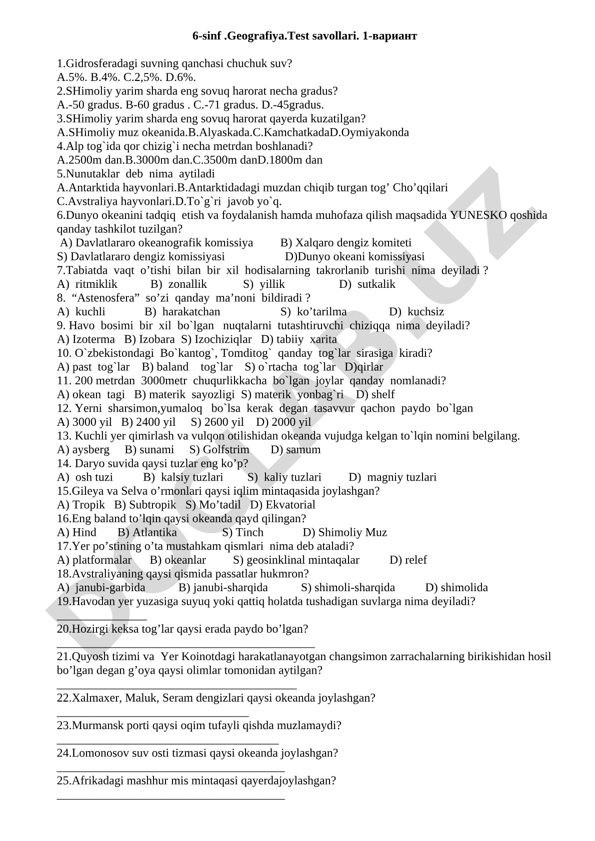 6-sinf Geografiya test savollari 1-variant
