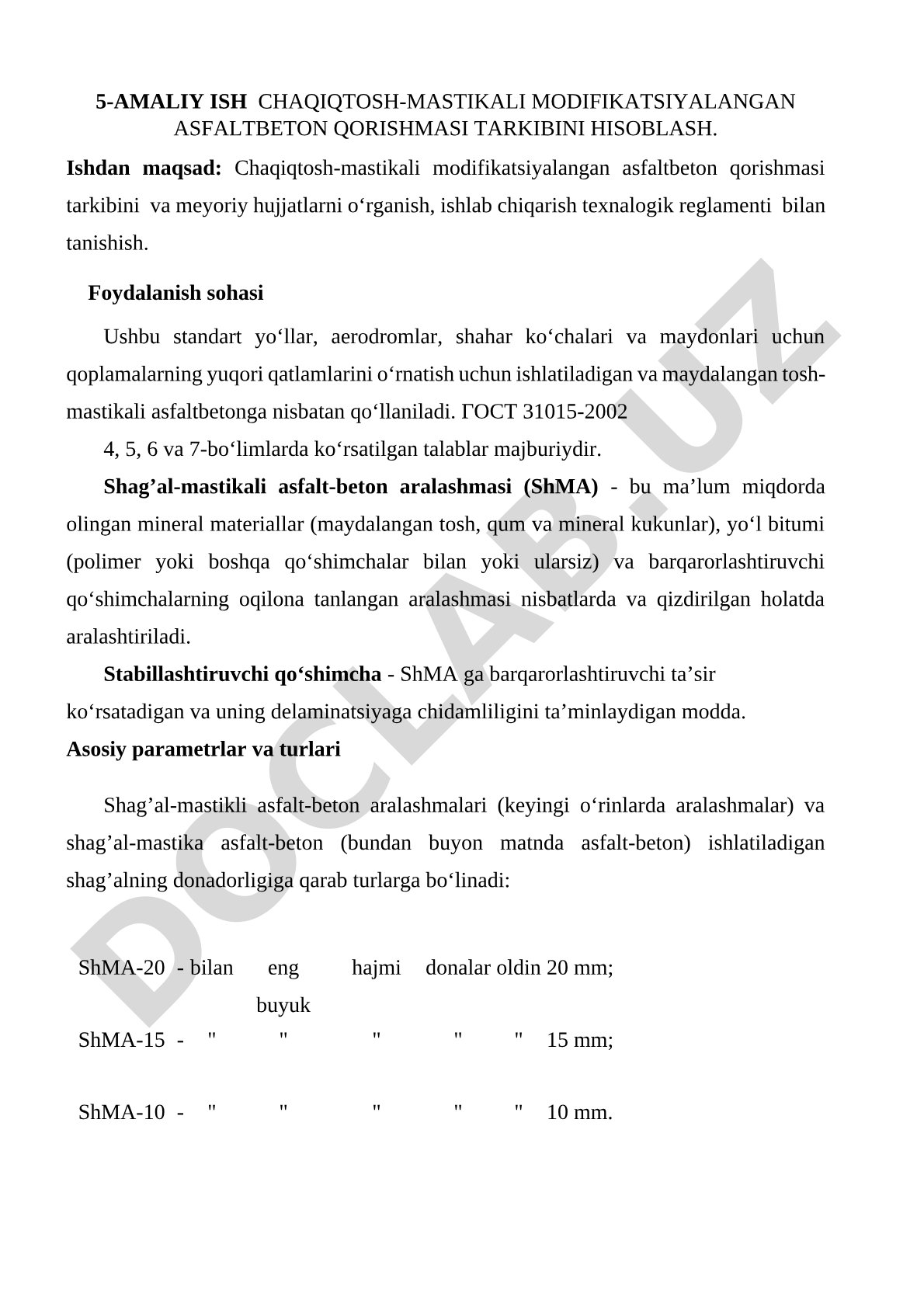 Chaqiqtosh-mastikali modifikatsiyalangan asfaltbeton qorishmasi tarkibini hisoblash