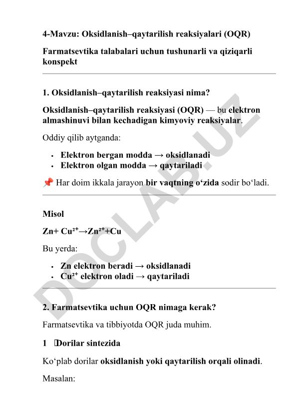 Oksidlanish–qaytarilish reaksiyalari (OQR)