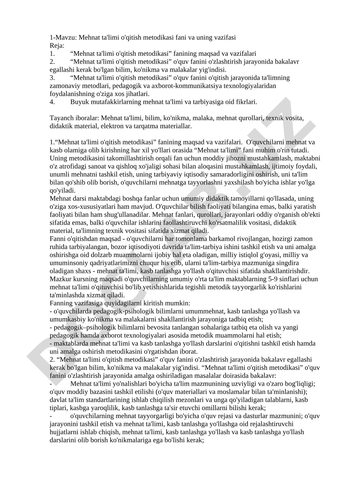 Mehnat ta'limi o'qitish metodikasi fani va uning vazifasi