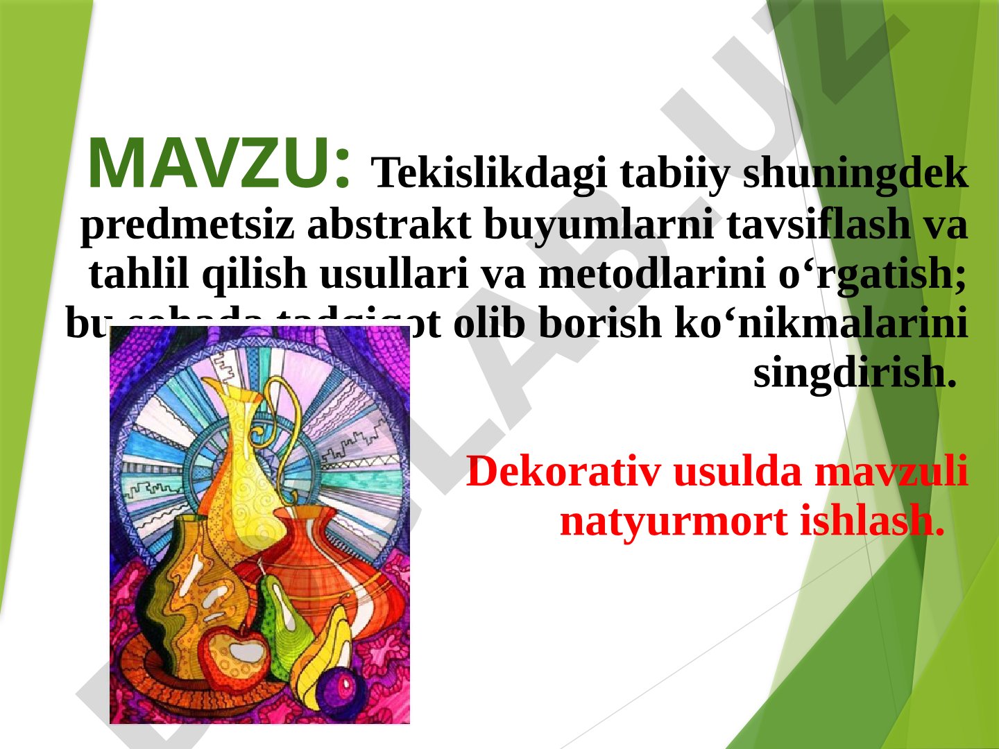 Tekislikdagi tabiiy va abstrakt buyumlarni tavsiflash va tahlil qilish usullari