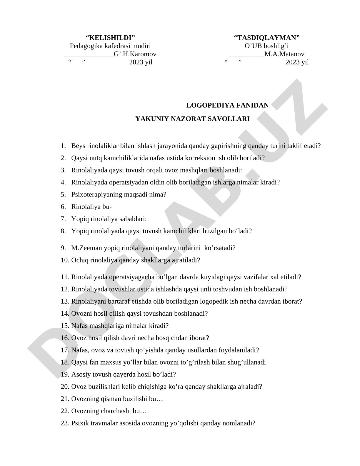 Logopediya fanidan yakuniy nazorat savollari