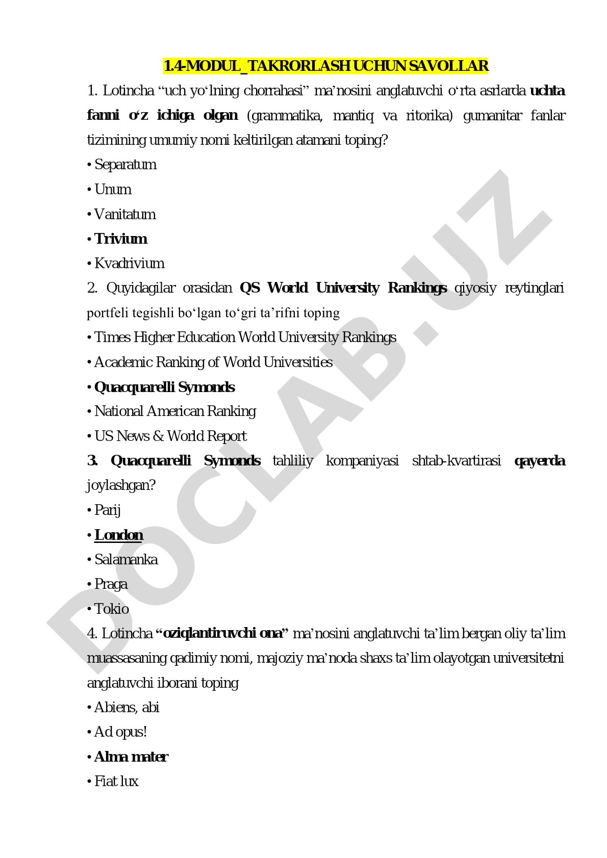 1.4-modul takrorlash uchun savollar