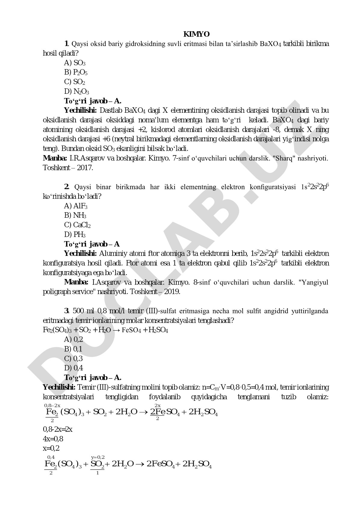 Kimyo fanidan test savollari