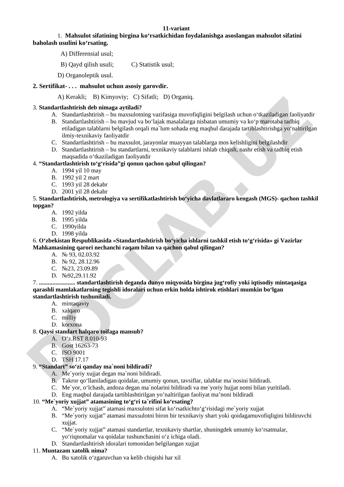 Mahsulot sifatini baholash va standartlashtirish bo'yicha test savollari