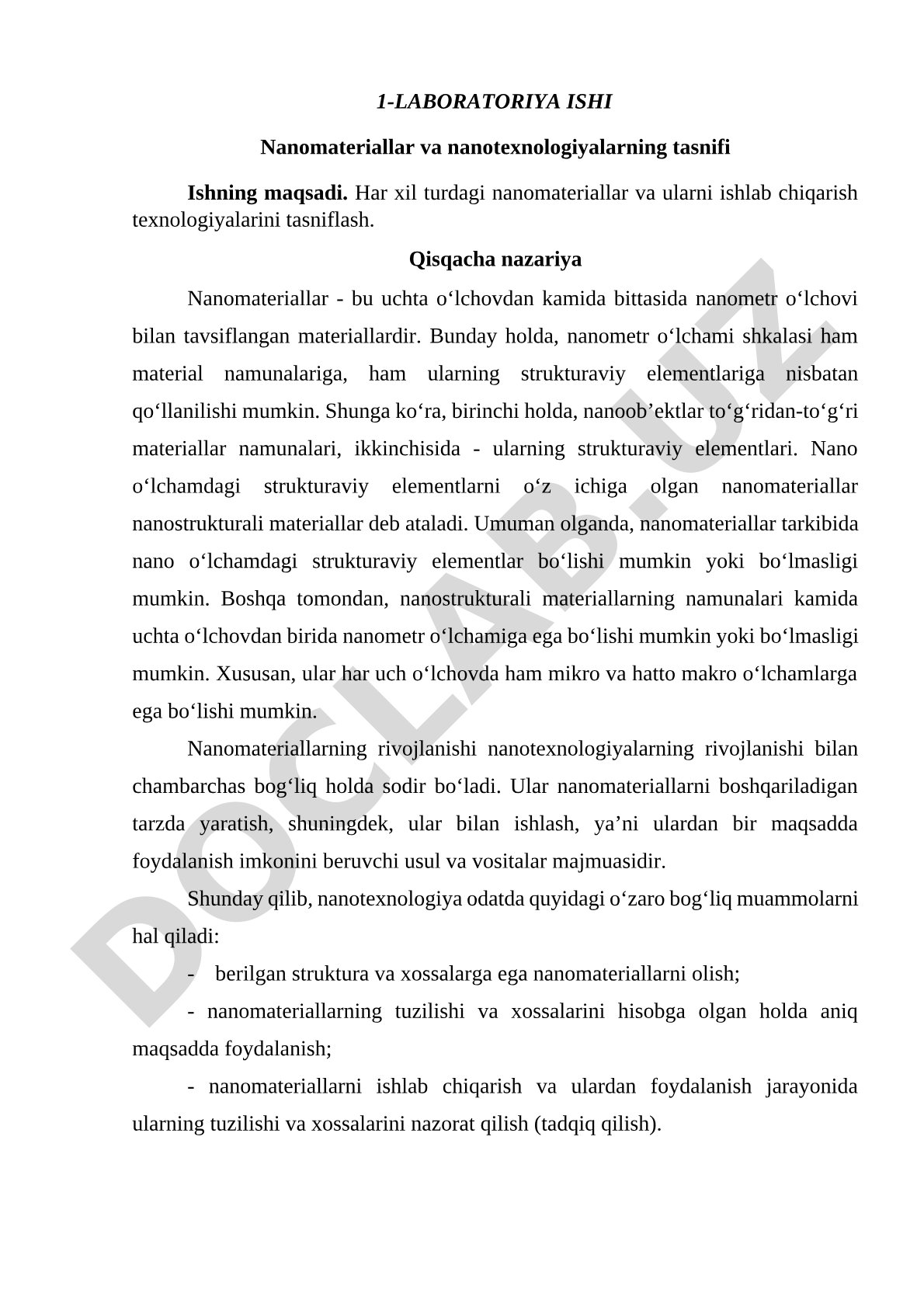 Nanomateriallar va nanotexnologiyalarning tasnifi