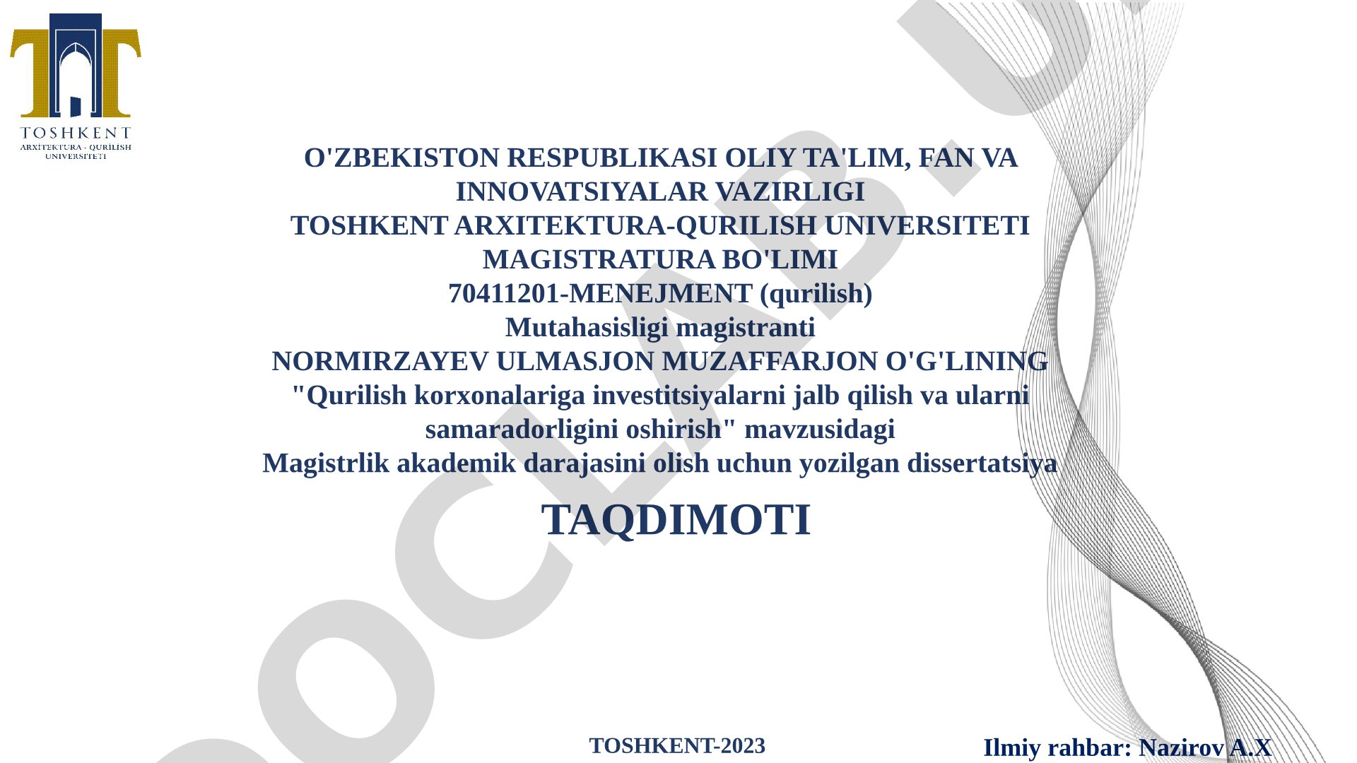 Qurilish korxonalariga investitsiyalarni jalb qilish va ularni samaradorligini oshirish