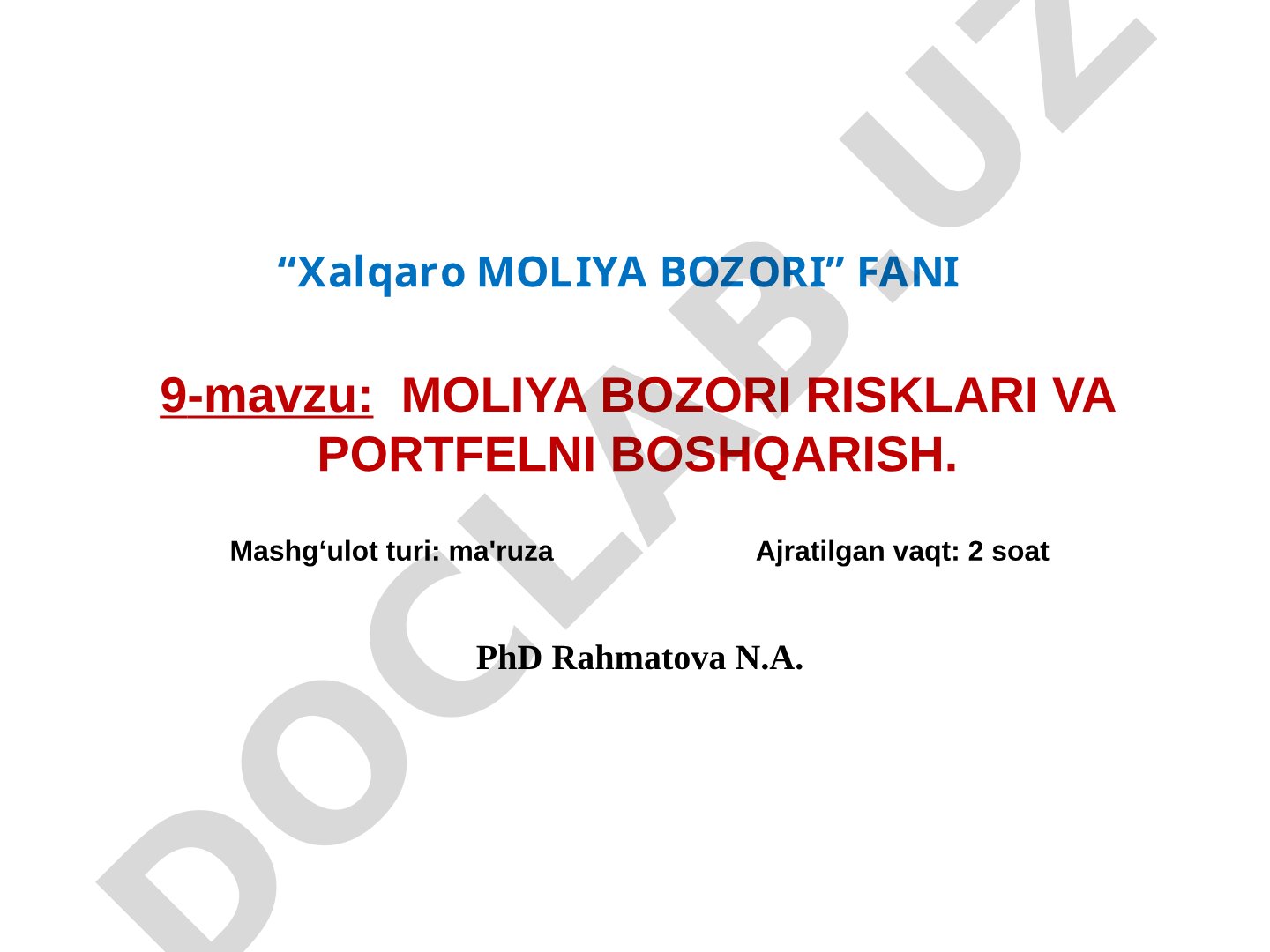 MOLIYA BOZORI RISKLARI VA PORTFELNI BOSHQARISH