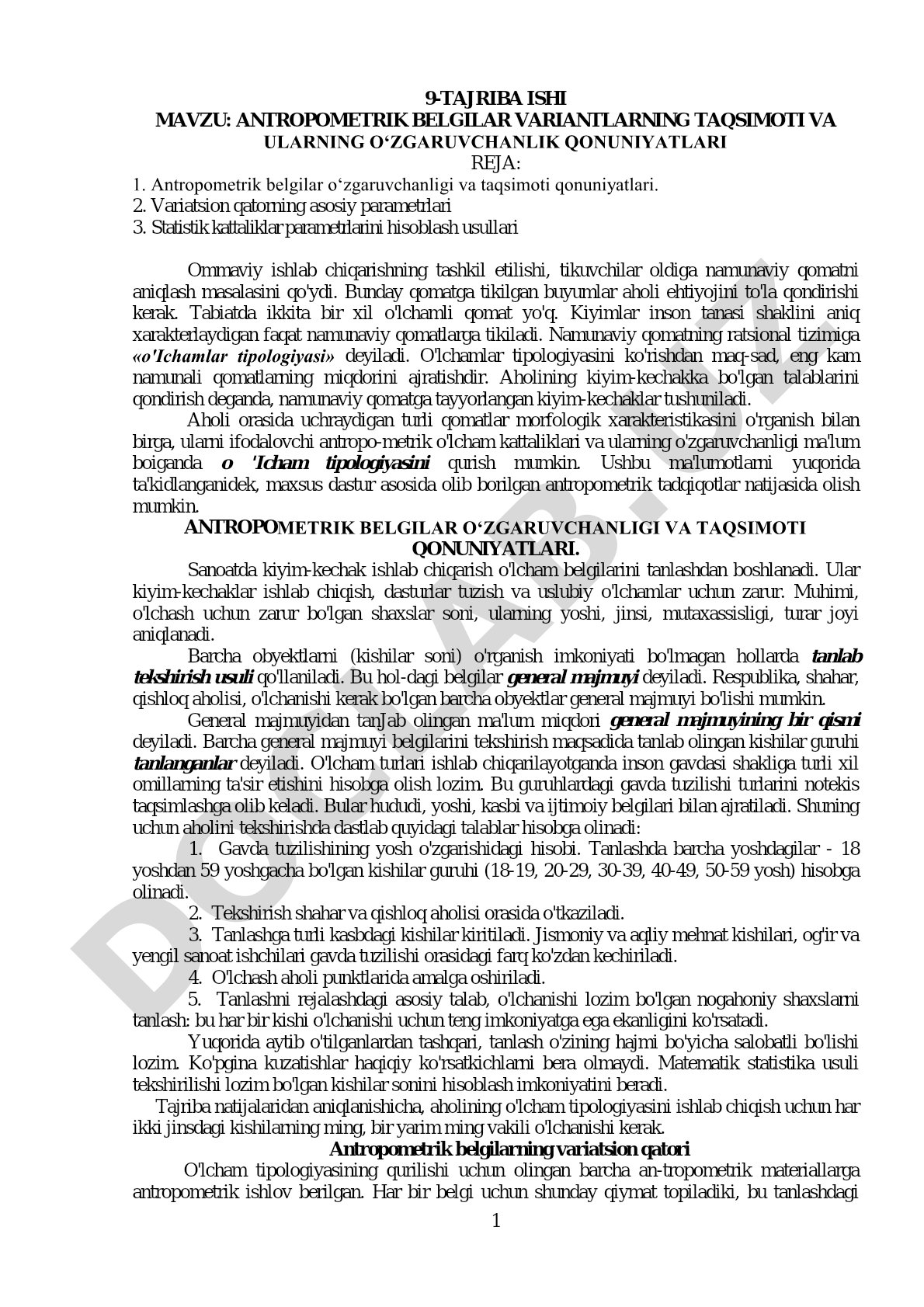 Antropometrik belgilar variantlarning taqsimoti va ularning oʻzgaruvchanlik qonuniyatlari