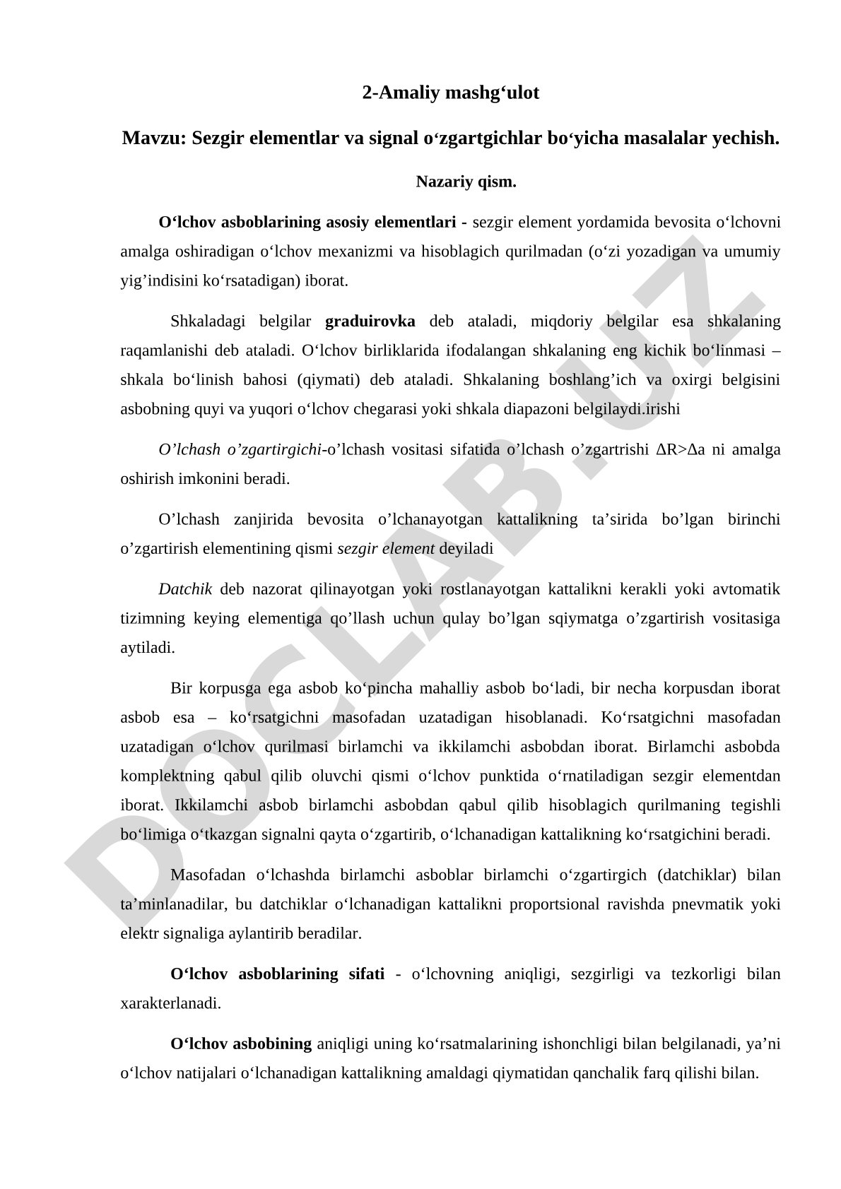 Sezgir elementlar va signal o'zgartgichlar bo'yicha masalalar yechish