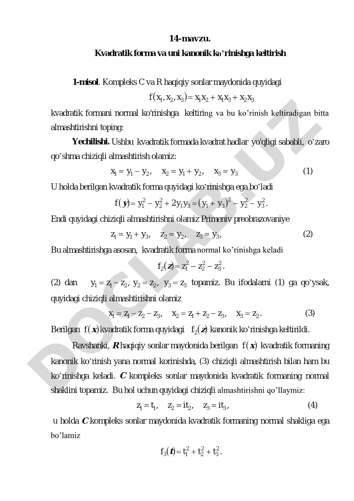 Kvadratik forma va uni kanonik ko'rinishga keltirish
