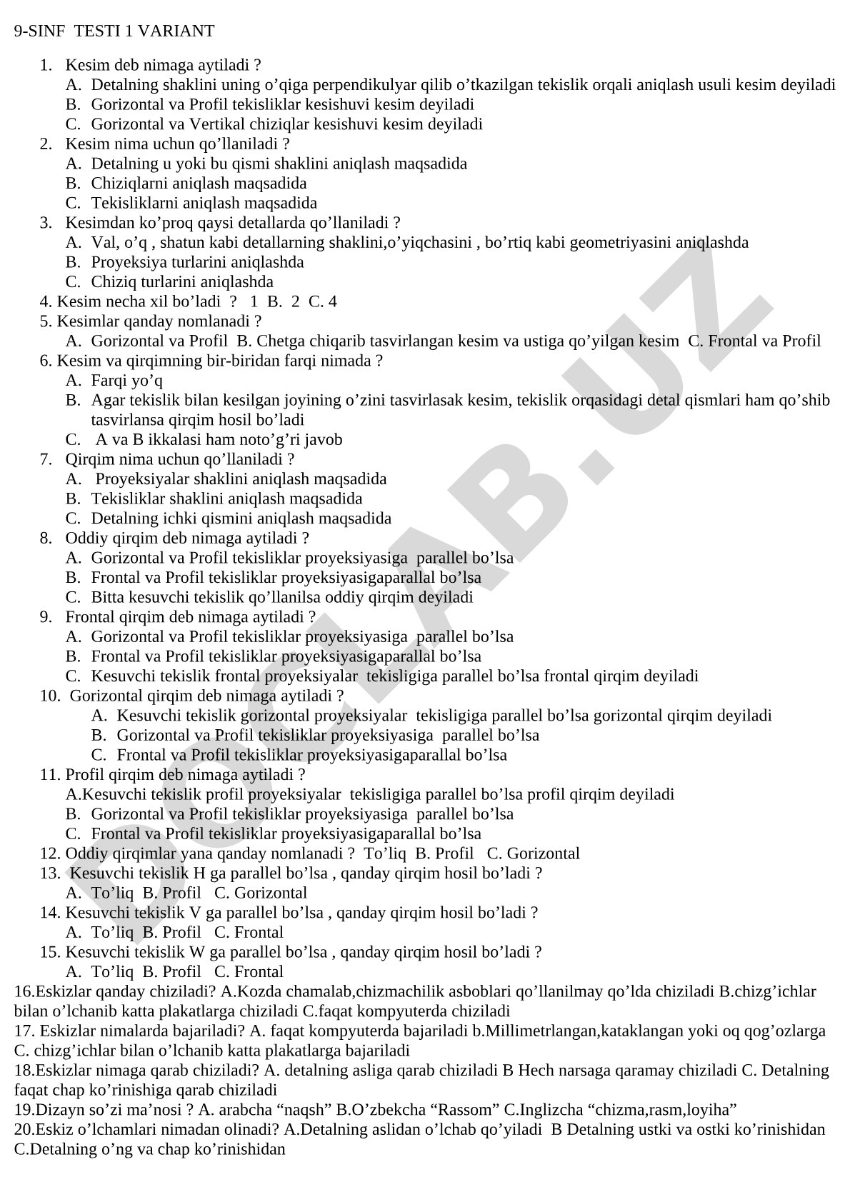 9-sinf testi 1 variant