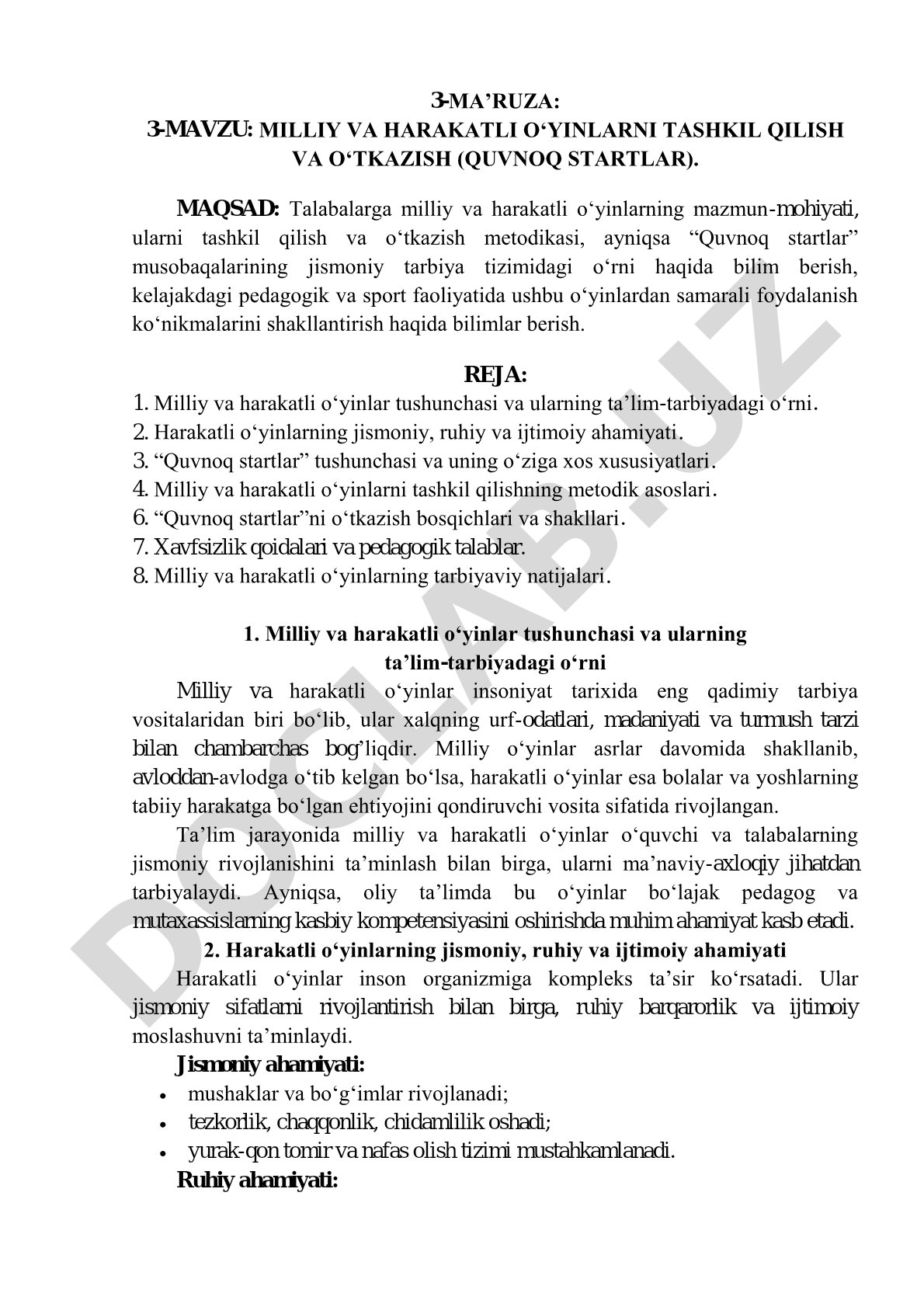 Milliy va harakatli o‘yinlarni tashkil qilish va o‘tkazish (Quvnoq startlar)