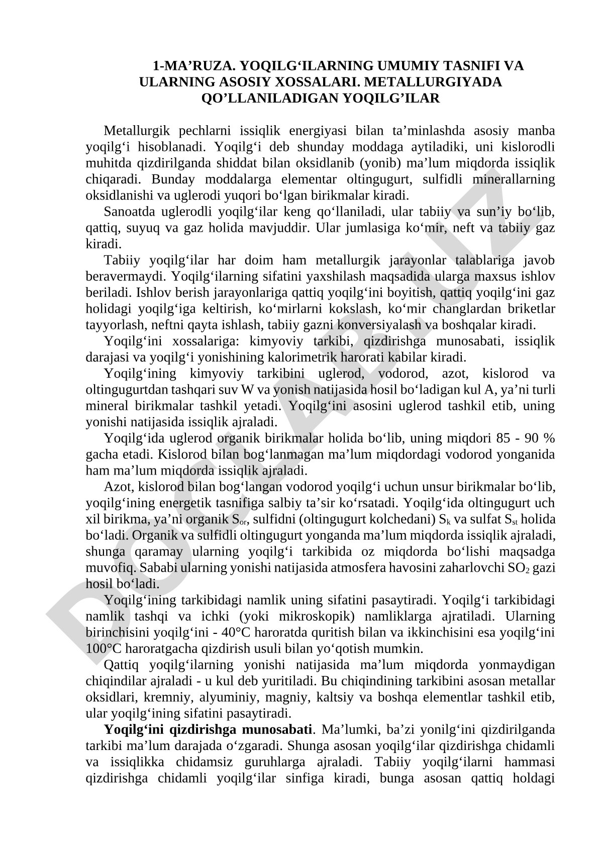 Yoqilg'ilarning umumiy tasnifi va asosiy xossalari