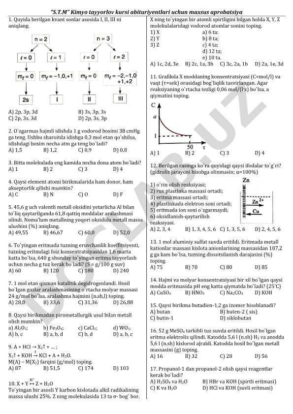 Kimyo fanidan test savollari to'plami
