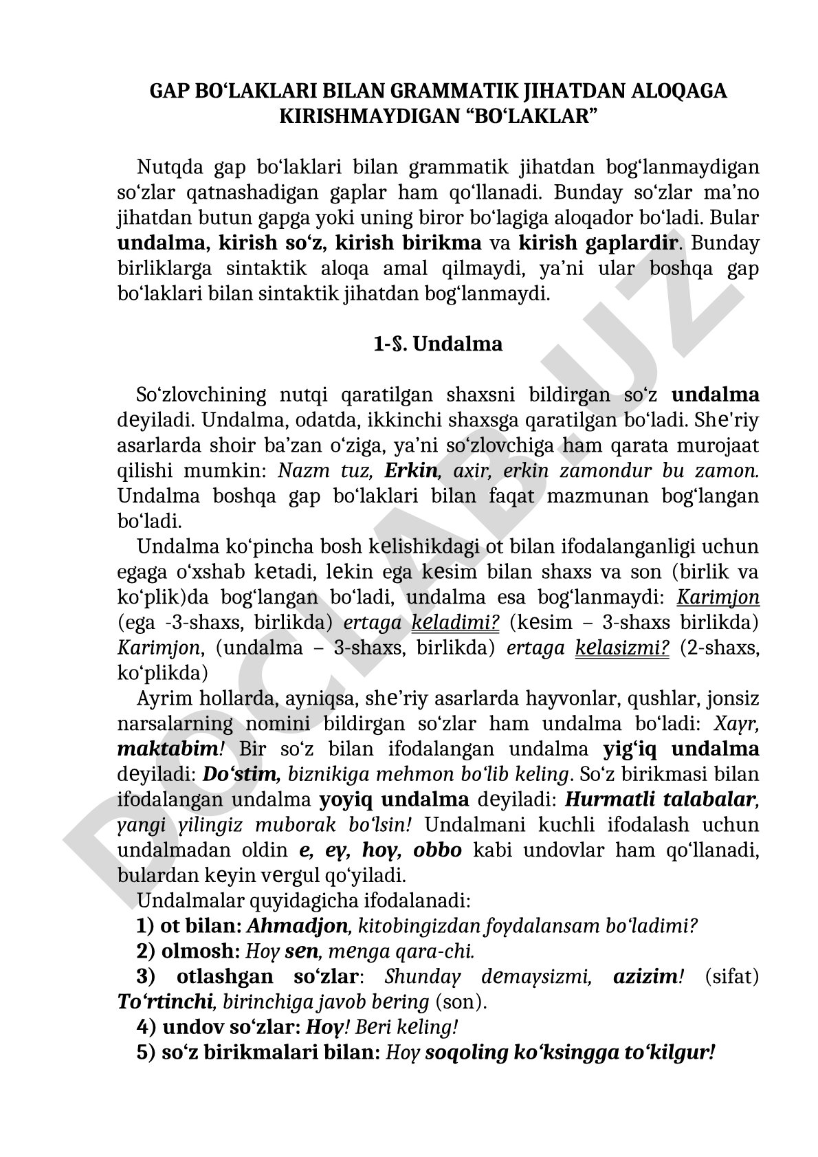 Gap bo'laklari bilan grammatik jihatdan aloqaga kirishmaydigan bo'laklar