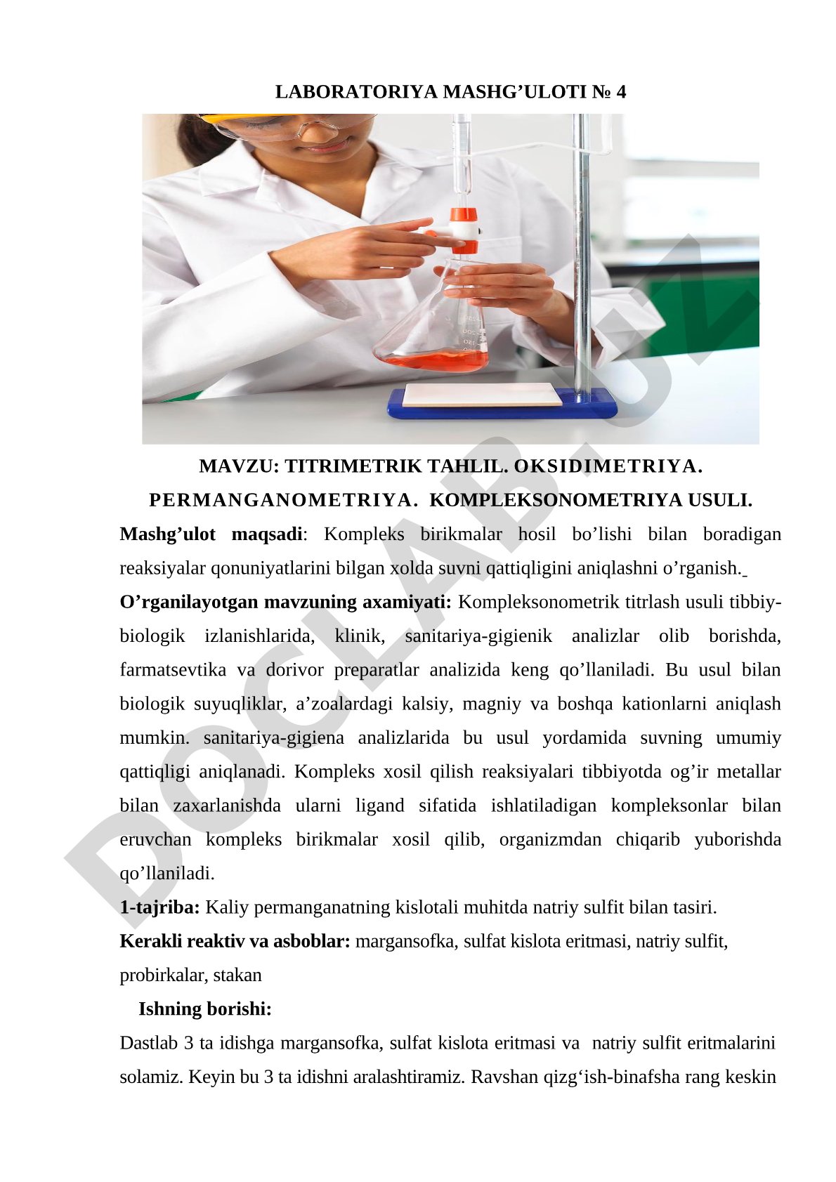 Titrimetrik tahlil. Oksidimetriya. Permanganometriya. Kompleksonometriya usuli.