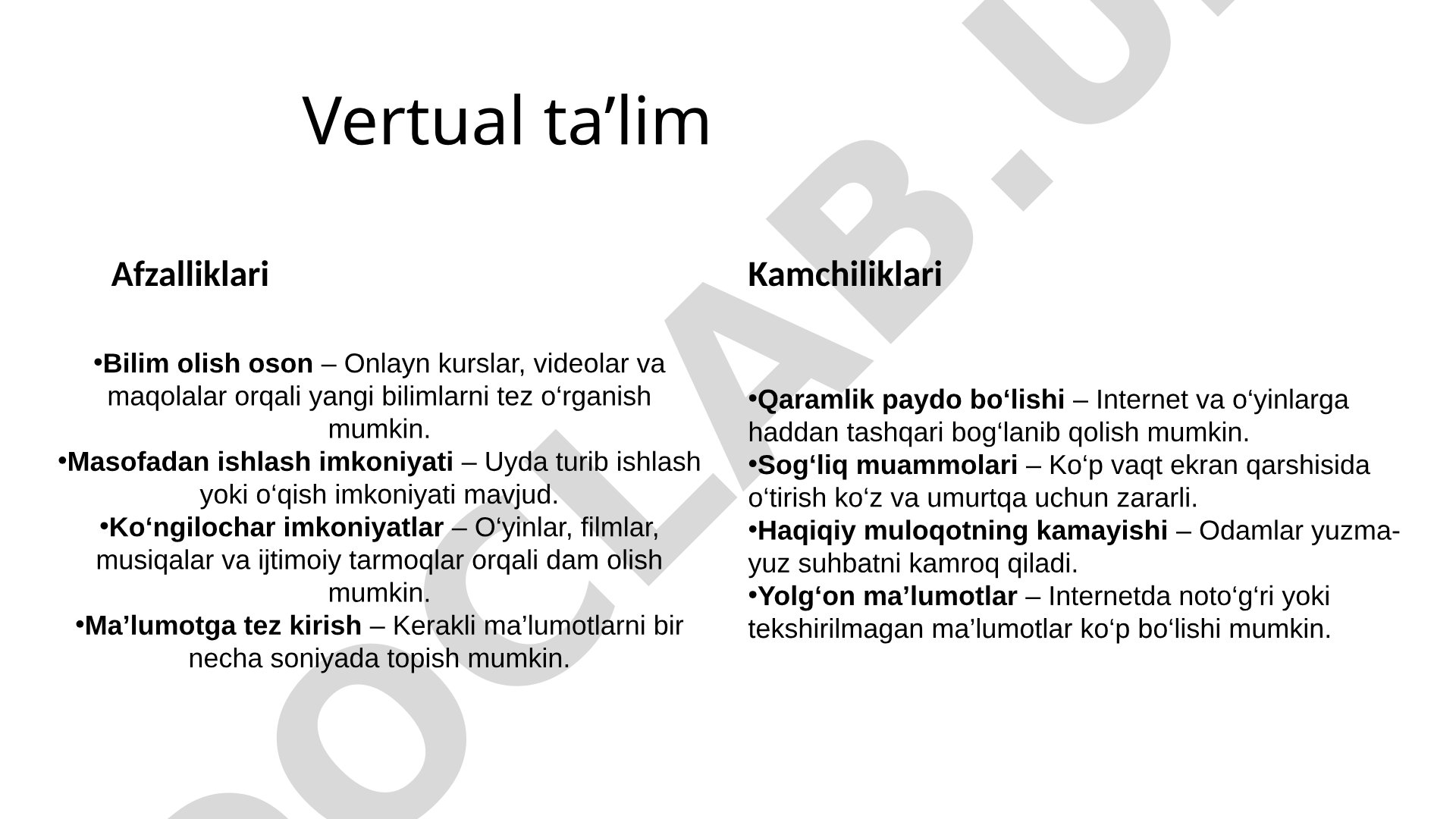 Virtual ta'limning afzalliklari va kamchiliklari