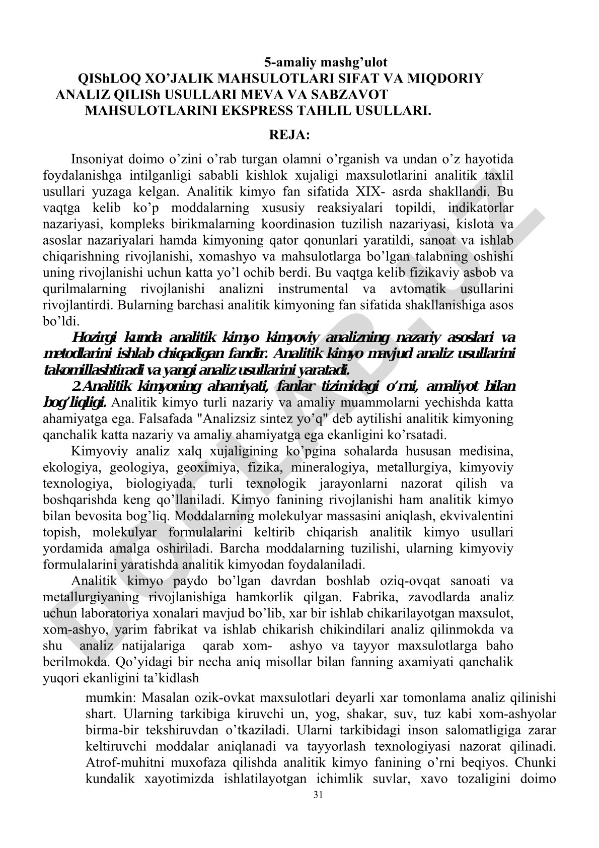Meva va sabzavot mahsulotlarini ekspress tahlil usullari
