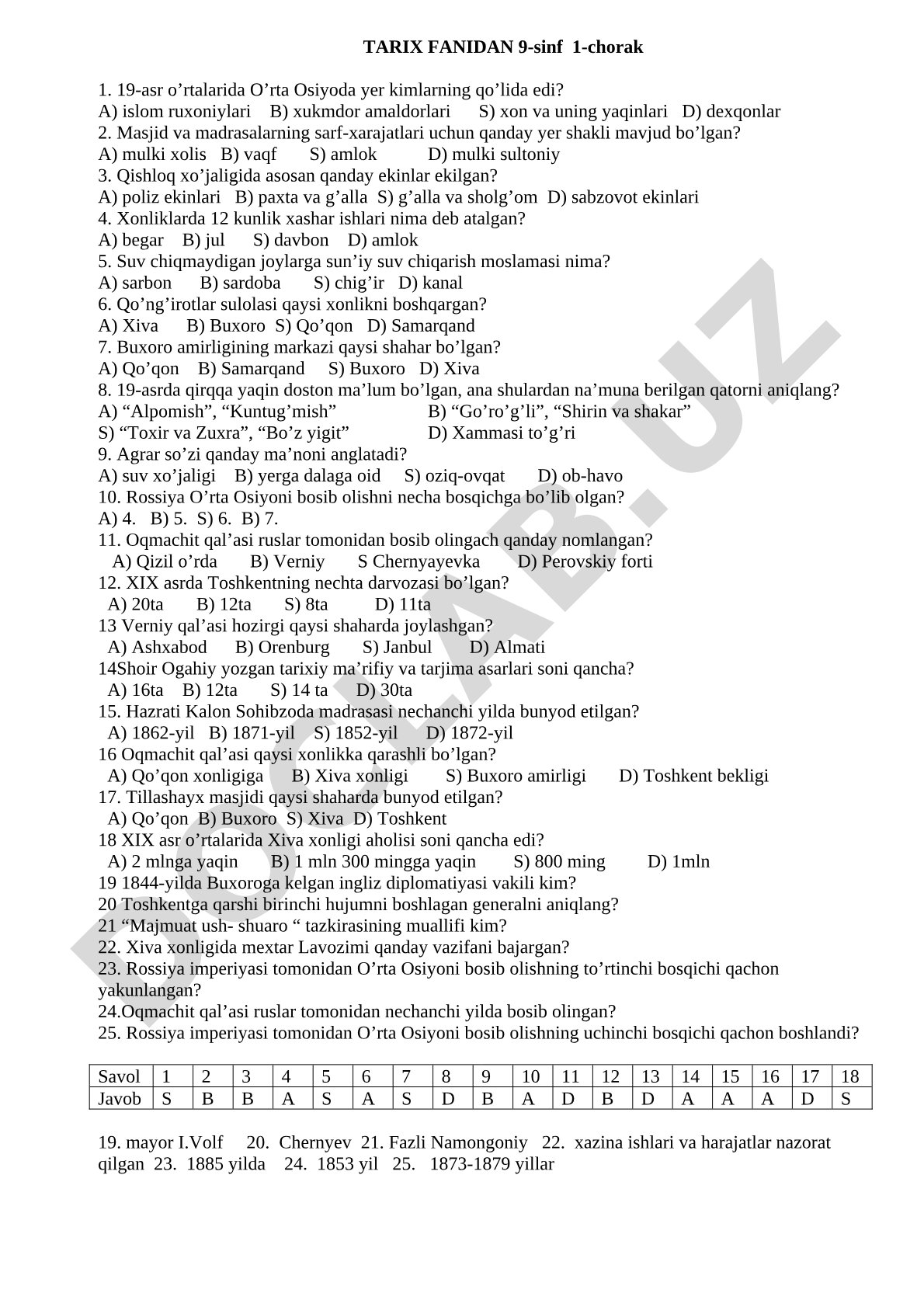 19-asrda O'rta Osiyo tarixi bo'yicha 9-sinf testi