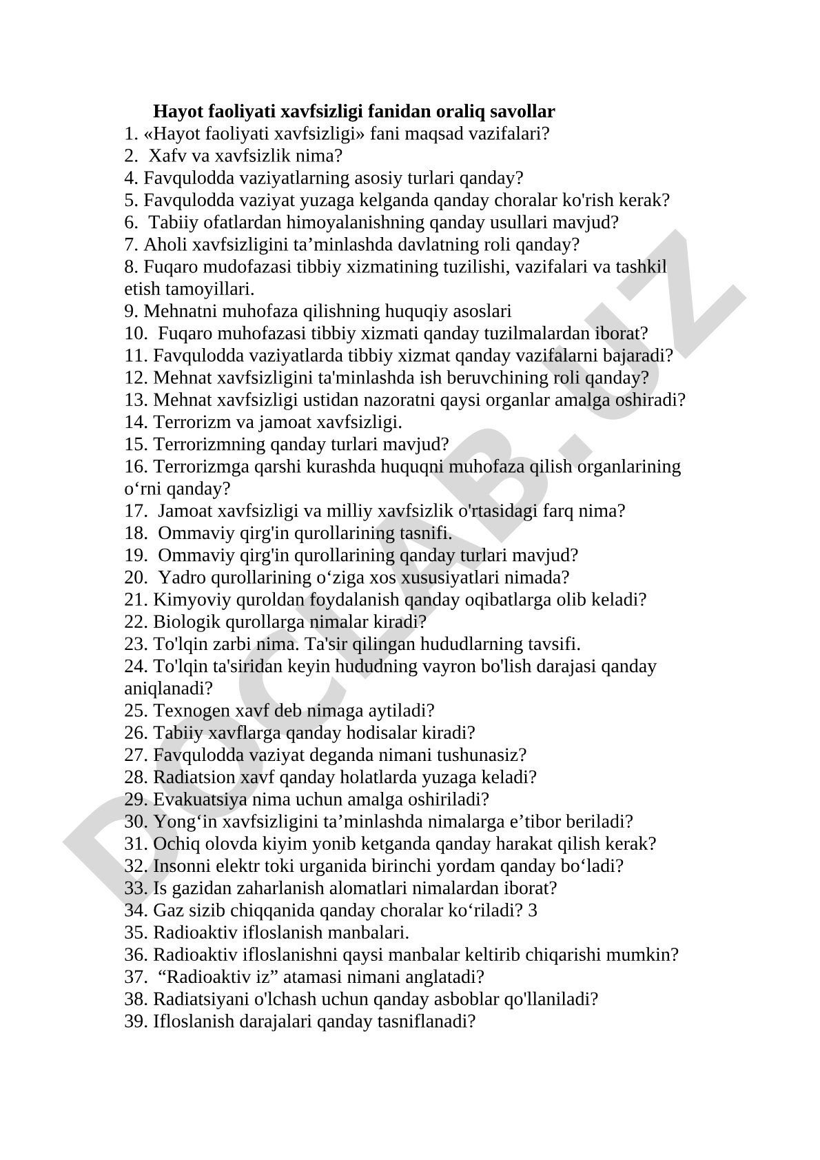 Hayot faoliyati xavfsizligi fanidan oraliq savollar