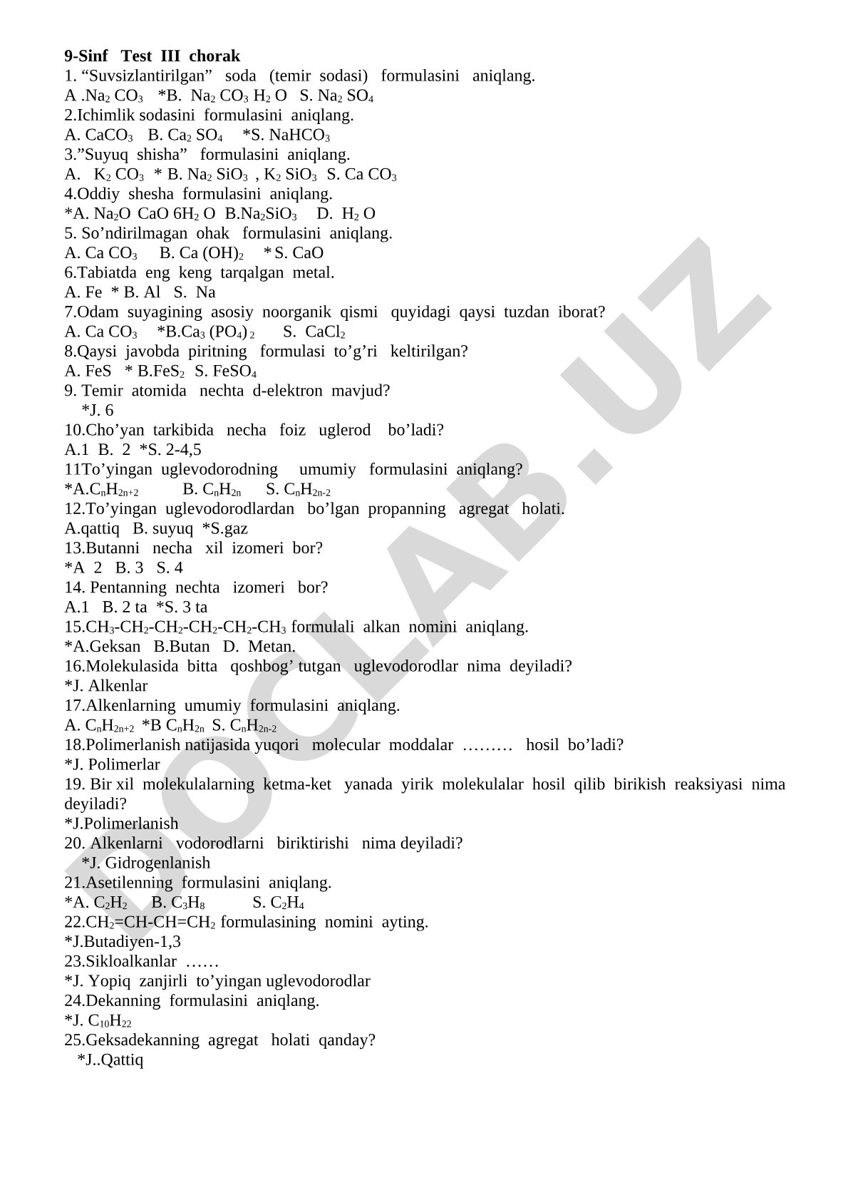 9-sinf kimyo fanidan III chorak test savollari