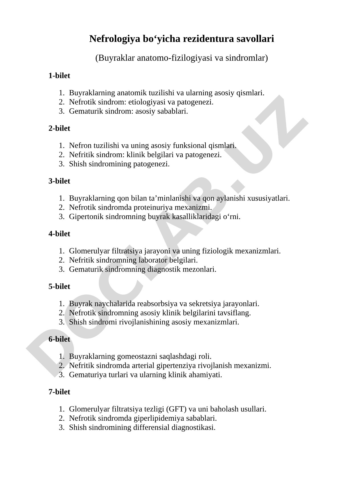 Nefrologiya bo‘yicha rezidentura savollari (Buyraklar anatomo-fiziologiyasi va sindromlar)
