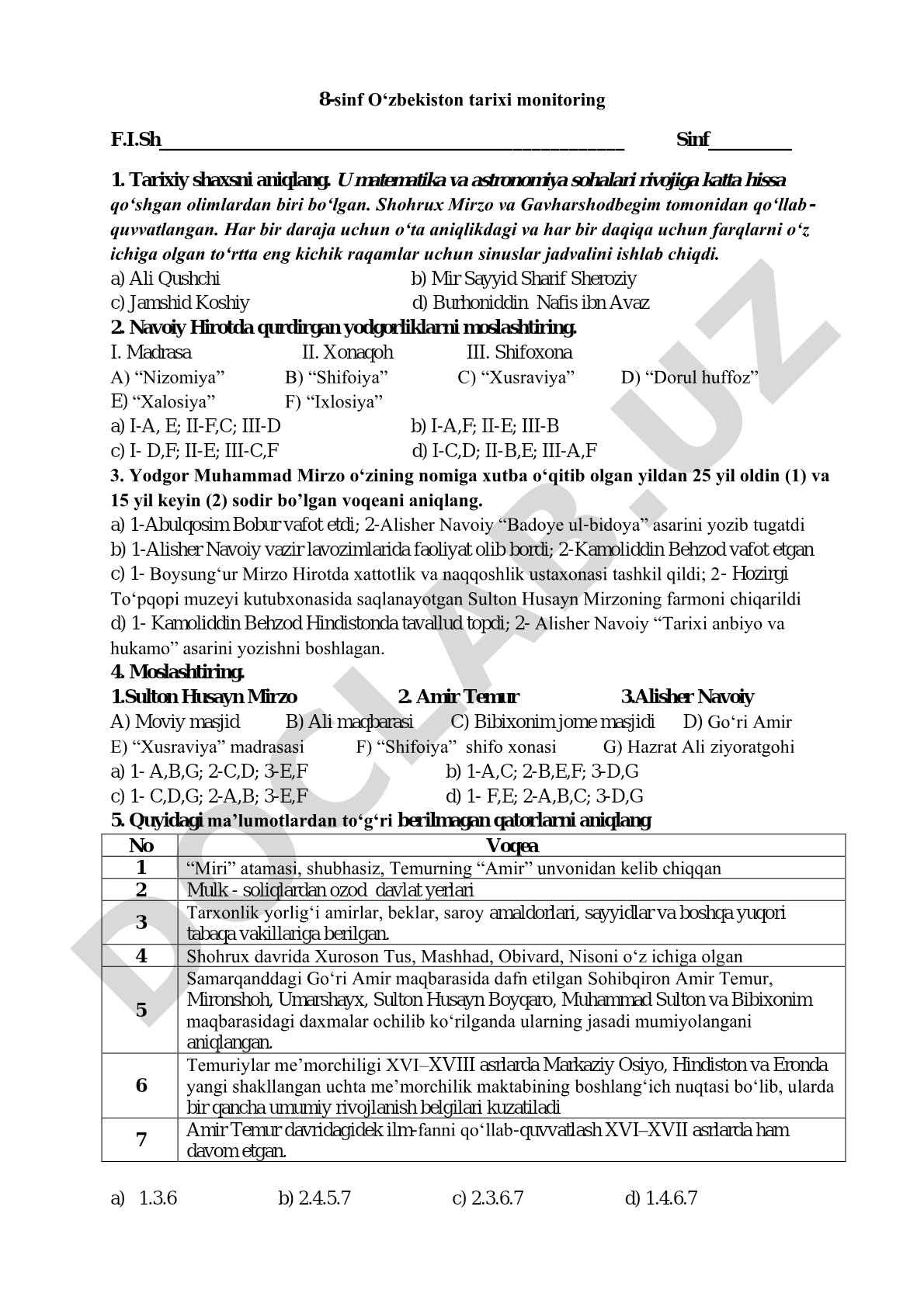 8-sinf O‘zbekiston tarixi monitoring testi
