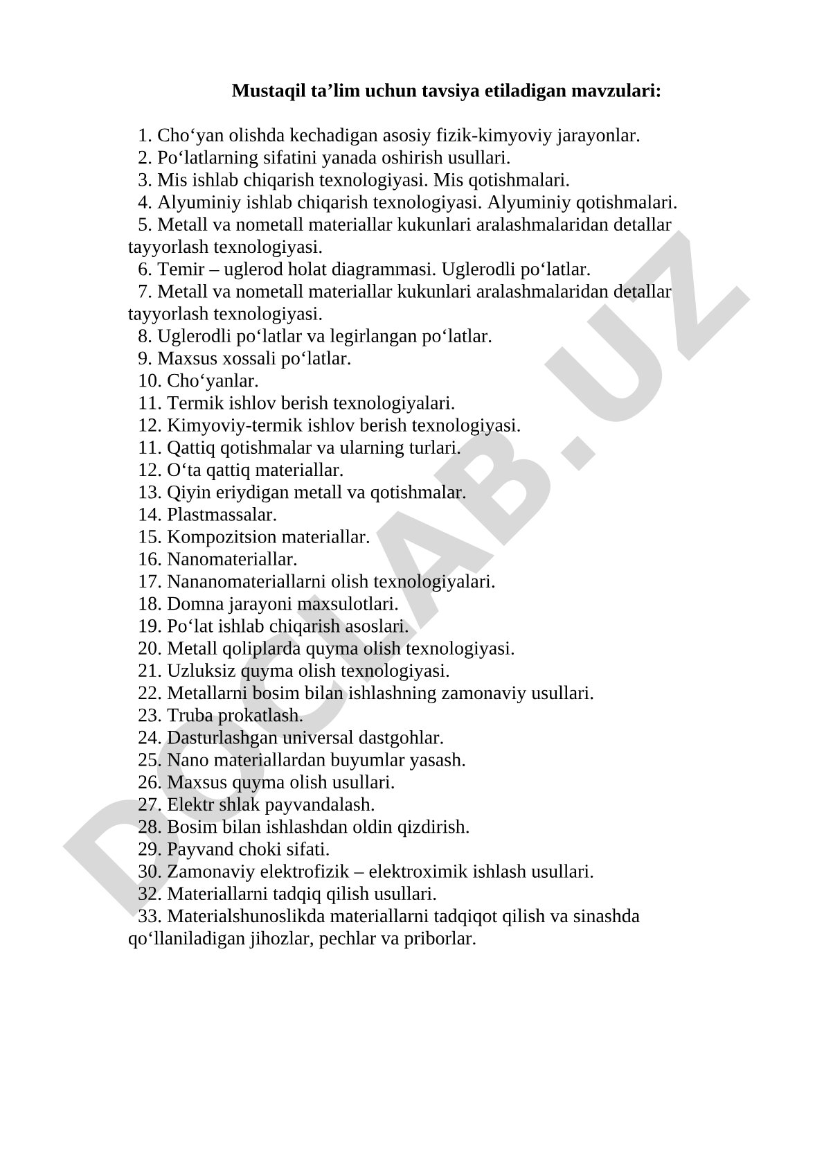 Mustaqil ta’lim uchun tavsiya etiladigan mavzulari
