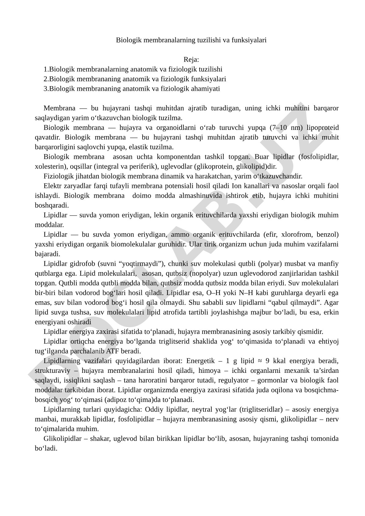 Biologik membranalarning tuzilishi va funksiyalari