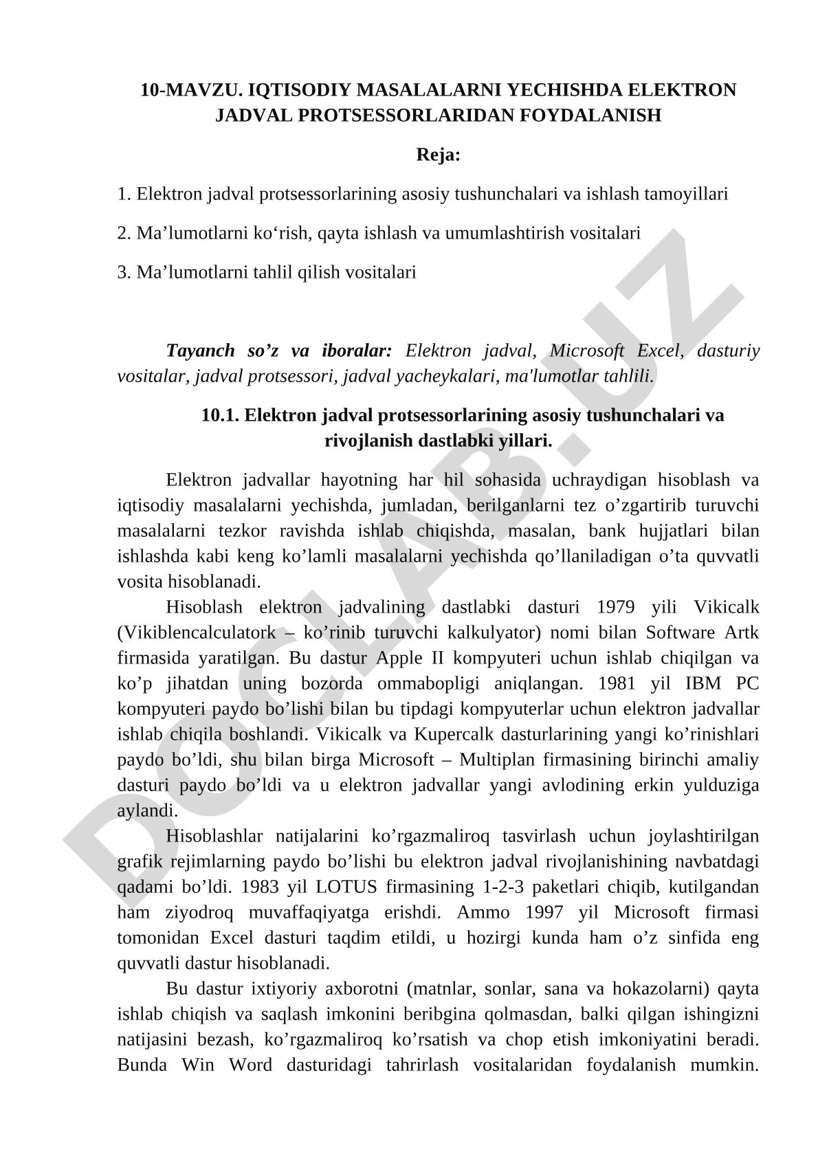 IQTISODIY MASALALARNI YECHISHDA ELEKTRON JADVAL PROTSESSORLARIDAN FOYDALANISH