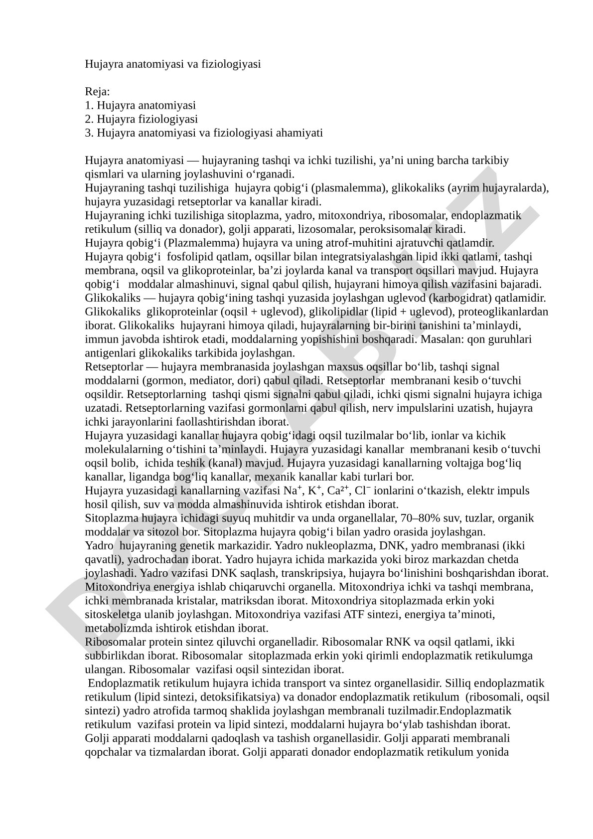 Hujayra anatomiyasi va fiziologiyasi