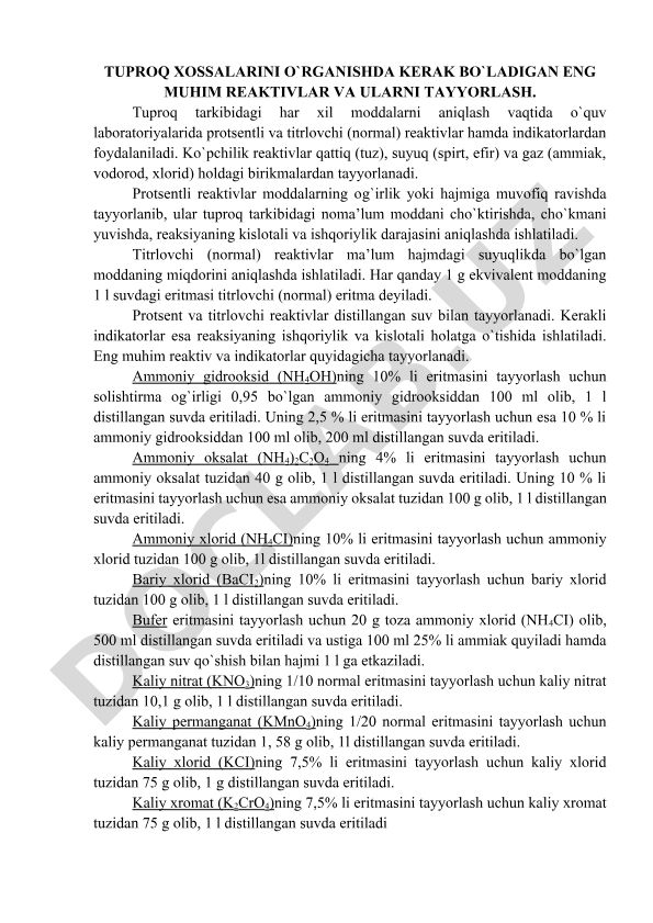 Tuproq xossalari o'rganishda kerak bo'ladigan reaktivlar va ularni tayyorlash