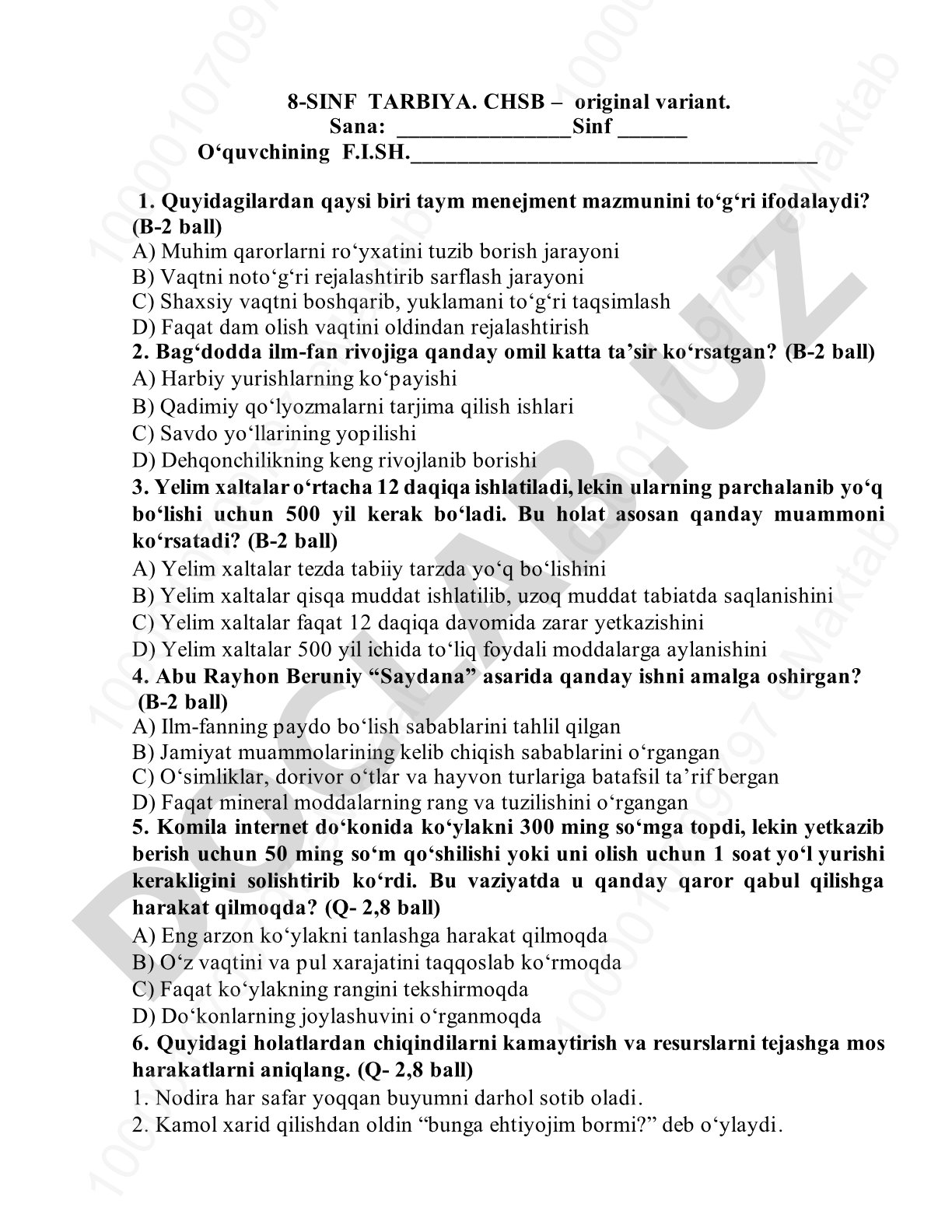 8-sinf Tarbiya fanidan CHSB test savollari