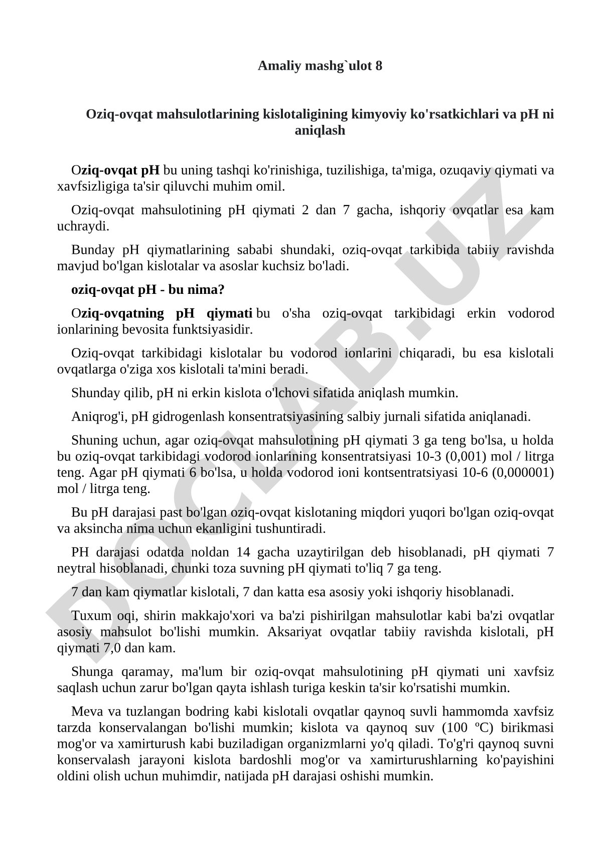 Oziq-ovqat mahsulotlarining kislotaligining kimyoviy ko'rsatkichlari va pH ni aniqlash