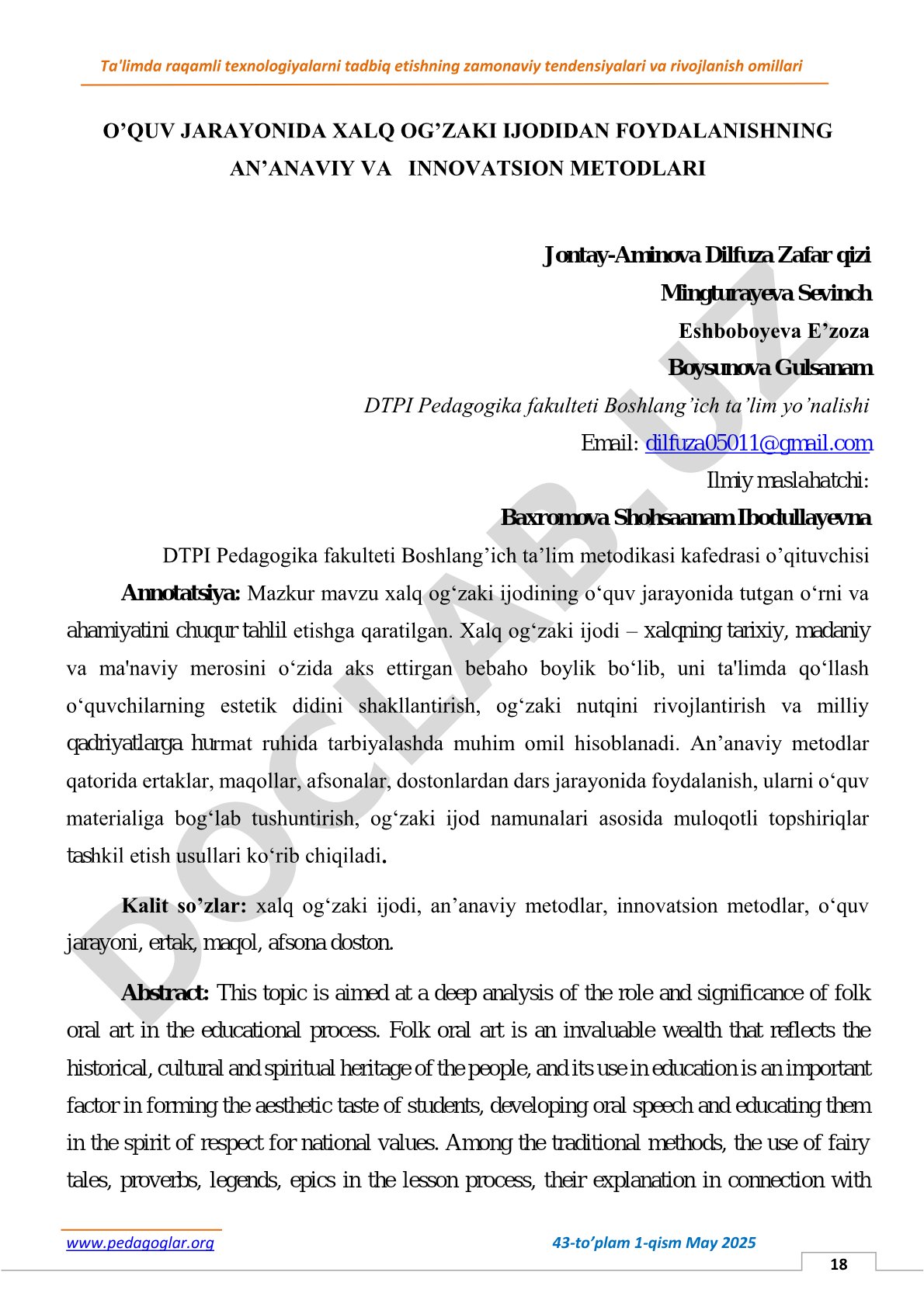 O'quv jarayonida xalq og'zaki ijodidan foydalanishning an'anaviy va innovatsion metodlari