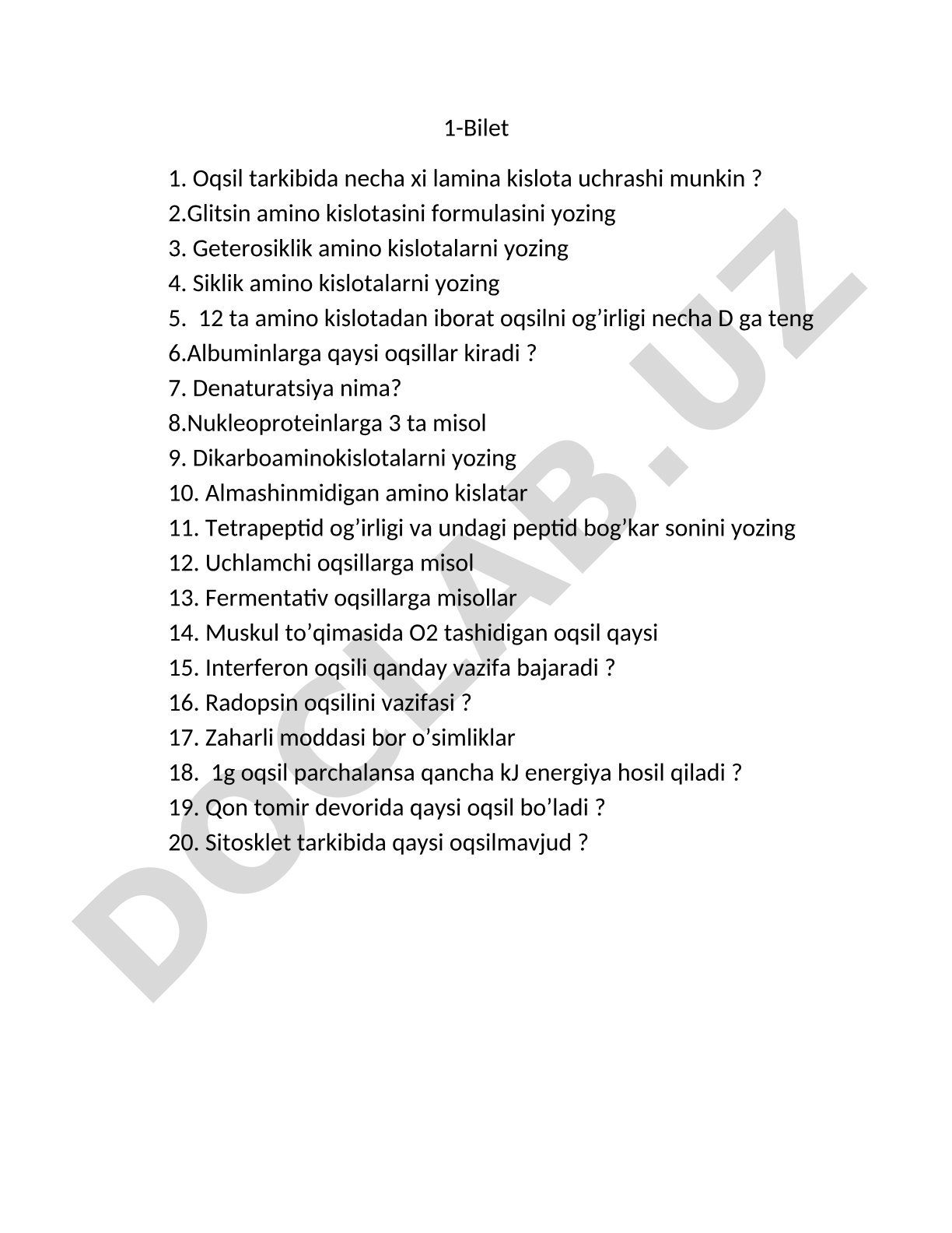 Oqsil va aminokislotalar bo'yicha savollar