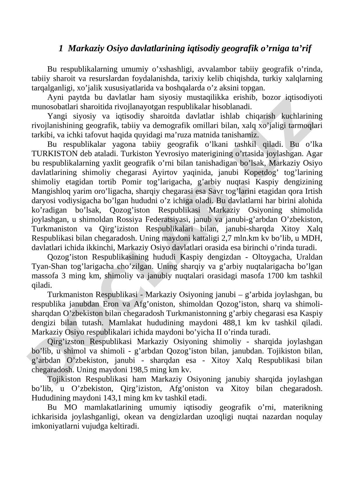 Markaziy Osiyo davlatlarining iqtisodiy geografik o’rniga ta’rif