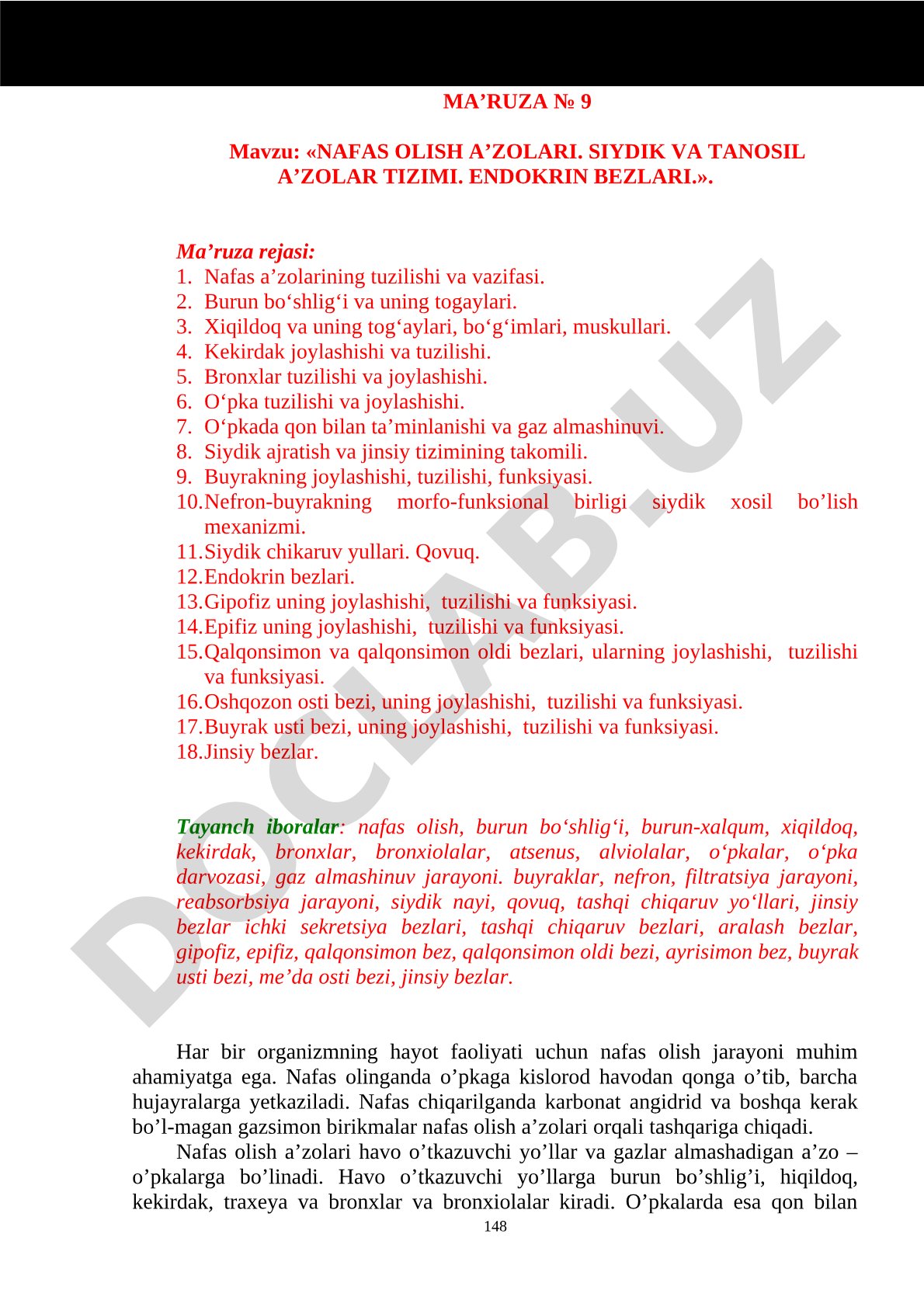 NAFAS OLISH A’ZORLARI. Siydik VA TANOSIL A’ZOLAR TIZIMI. endokrin bezlari.