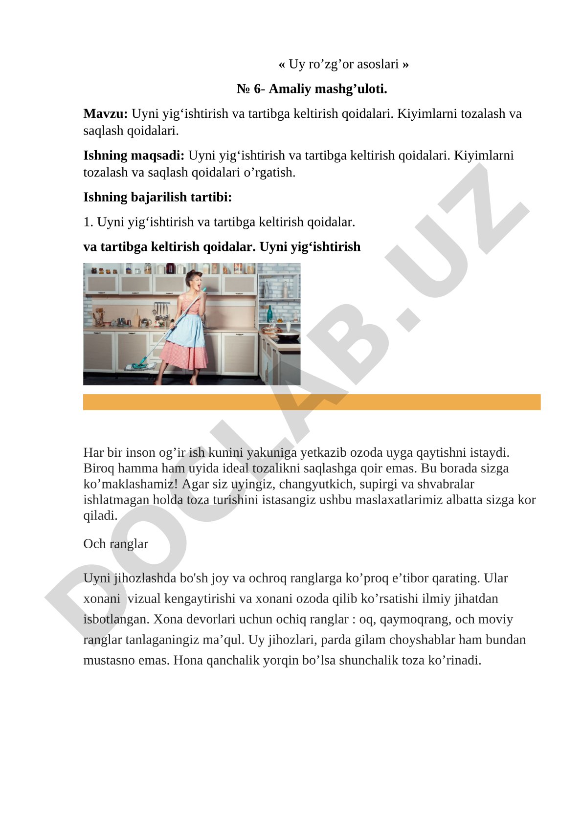 Uyni yig‘ishtirish va tartibga keltirish qoidalari. Kiyimlarni tozalash va saqlash qoidalari