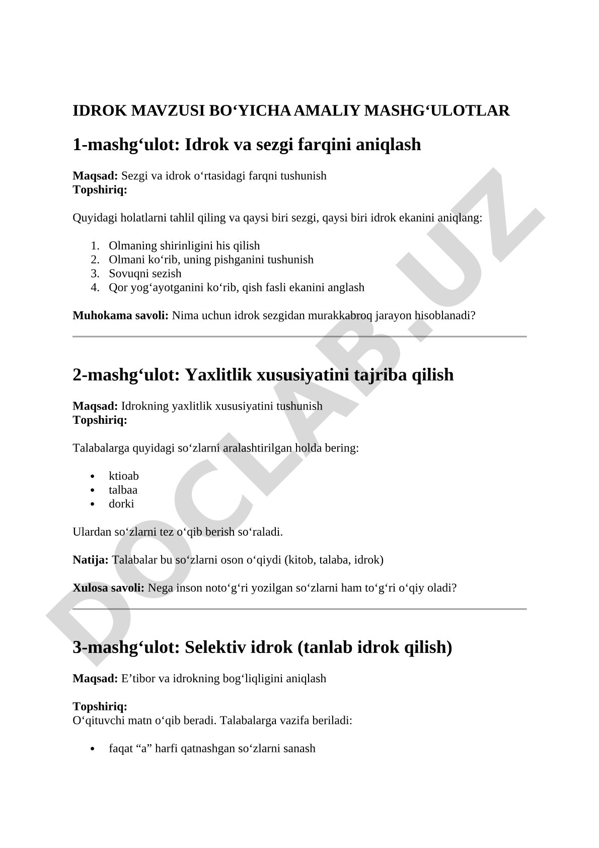 Idrok mavzusi bo'yicha amaliy mashg'ulotlar