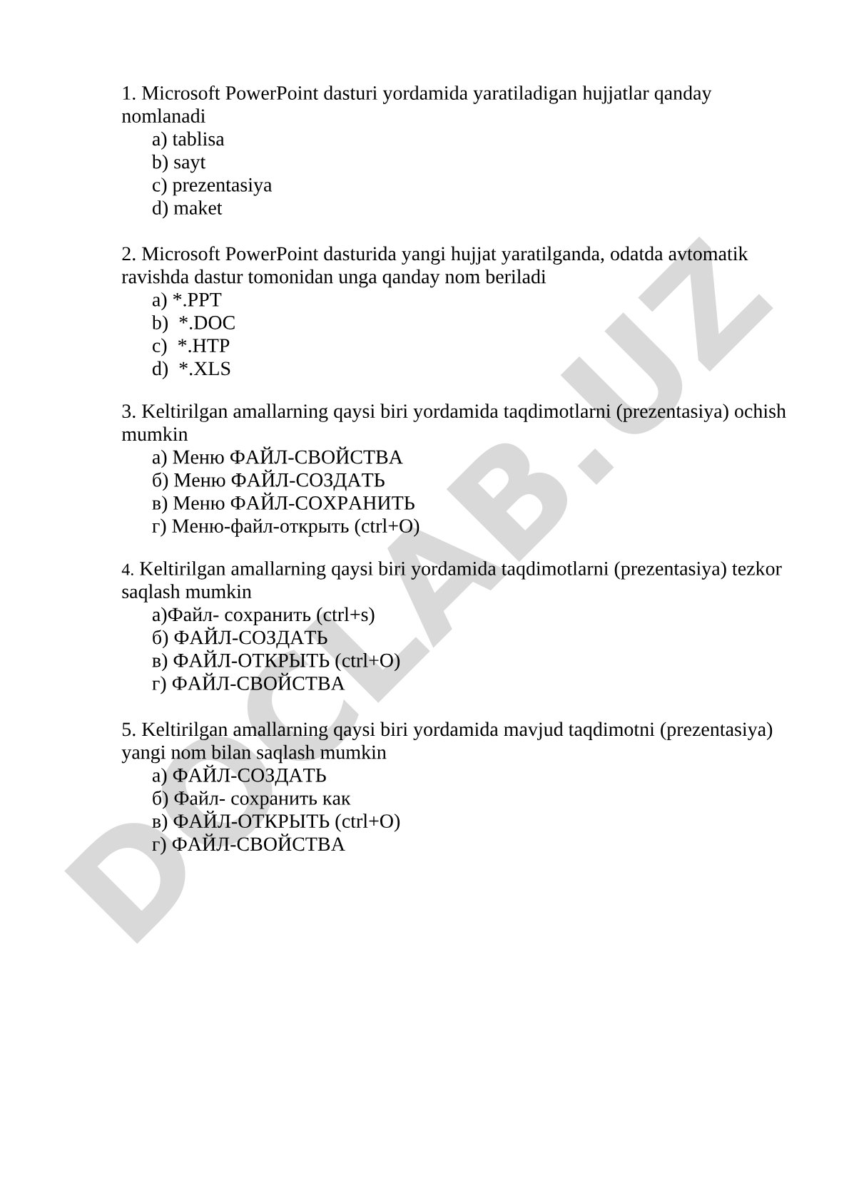 Microsoft PowerPoint dasturi bo'yicha test savollari
