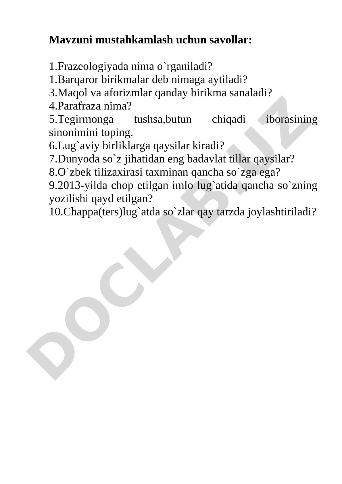 Frazeologiya mavzusida 10 ta savol berilgan
